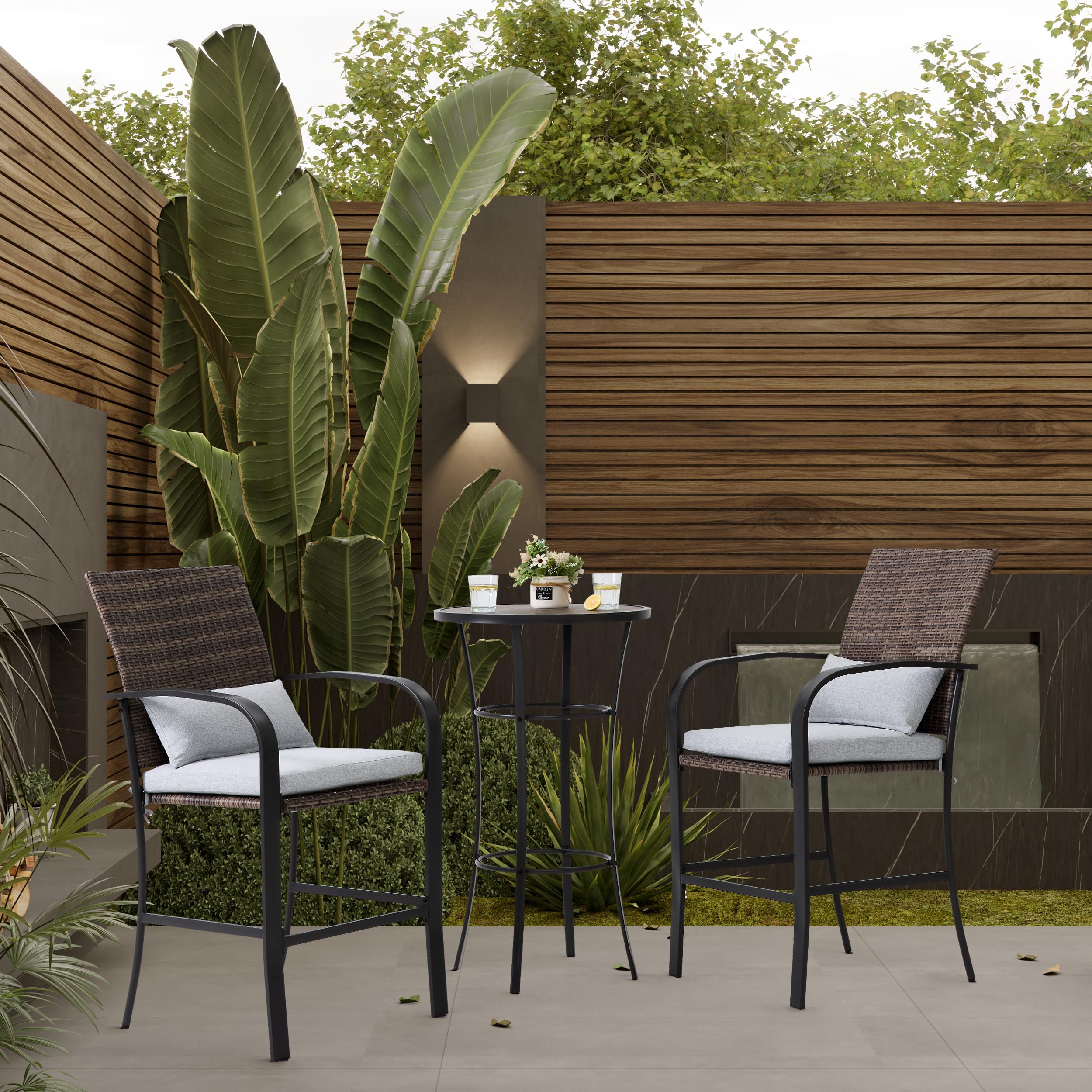 Outdoor Bar Table Set for 2 - Patio Bar Height Table & Chairs with Soft Cushions & Steel Frame in Khaki - Perfect for Backyard, Deck, Garden & Outdoor Entertaining