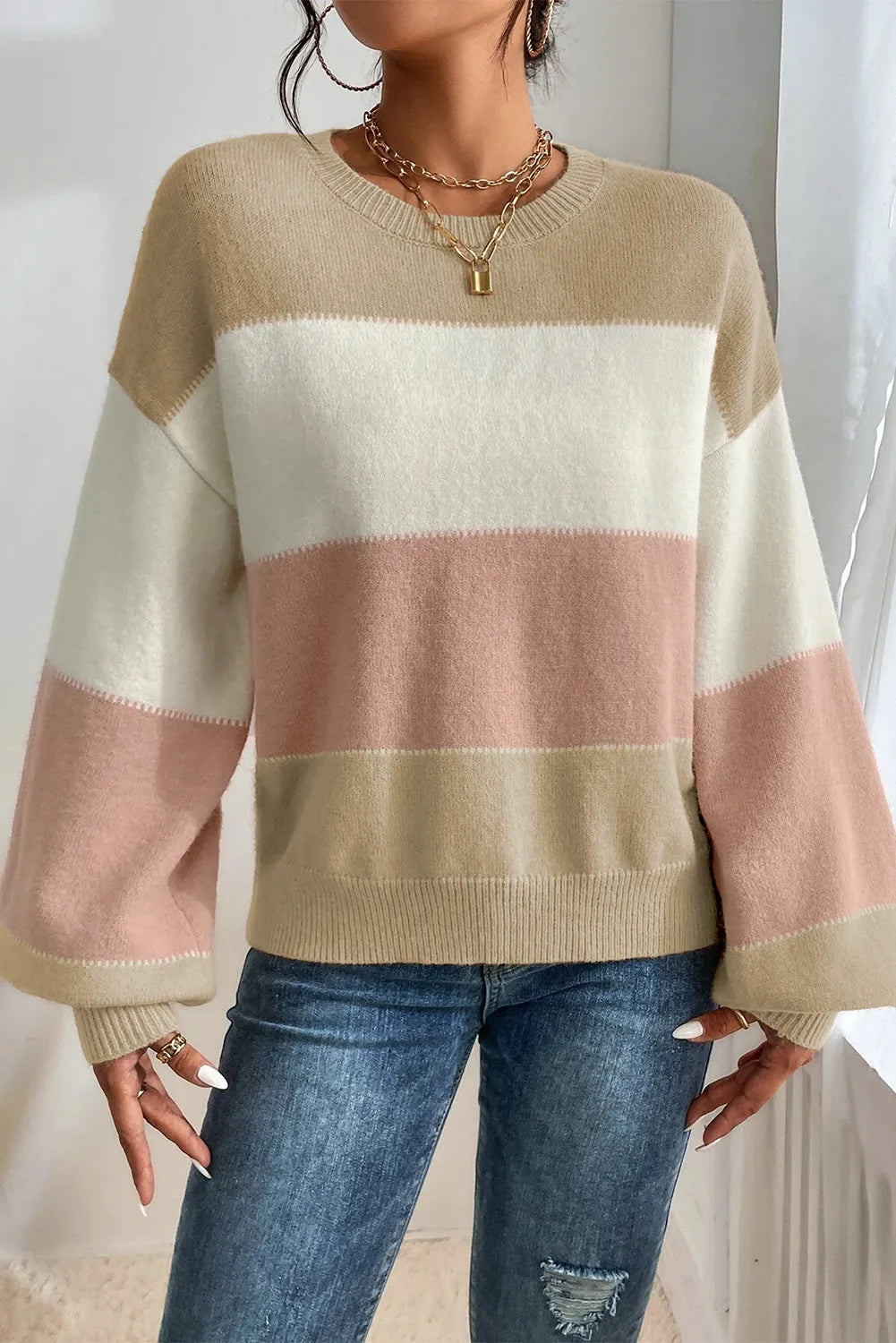 Stylish Color Block Round Neck Lantern Sleeve Sweater for Women | Trendy Knit Pullover | Perfect for Fall Outfits, Casual Wear & Office Fashion