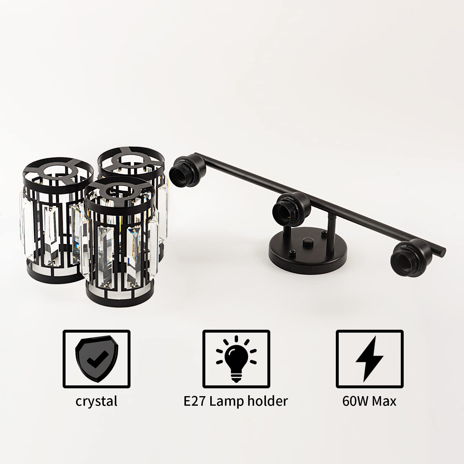 Rustic Industrial Black Vanity Light with Crystal Lampshade - 3 Light Bathroom Wall Sconce, E26 Base (Bulb Not Included) - Perfect for Modern Farmhouse, Vintage Bathroom & Dressing Room Lighting