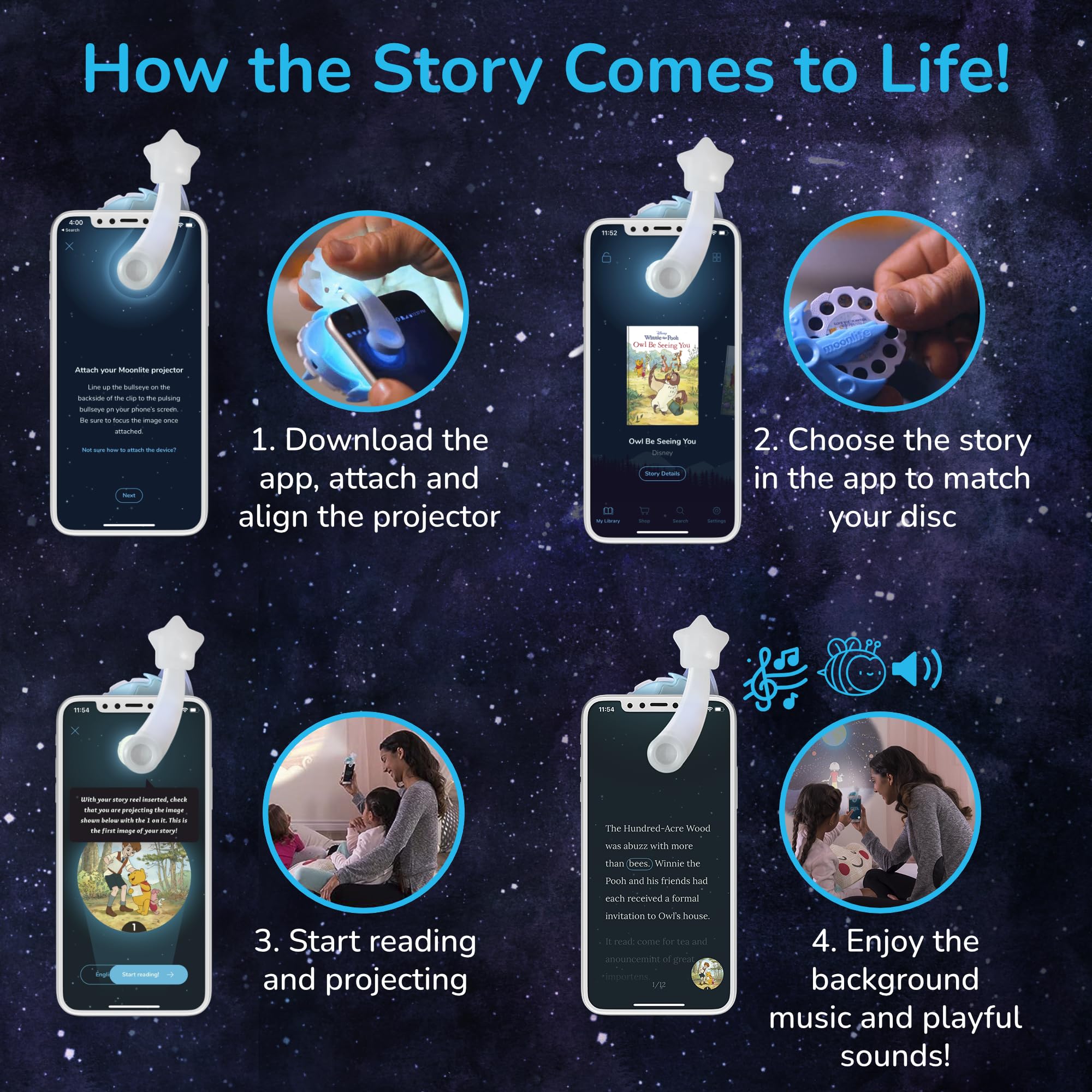 Moonlite Storytime Mini Projector for Kids - 10 Princess Storybooks with Digital Animation & Fun Sound Effects | Interactive Learning Toy for Ages 1+ | Perfect for Bedtime Stories, Classroom Activities & Family Bonding Time