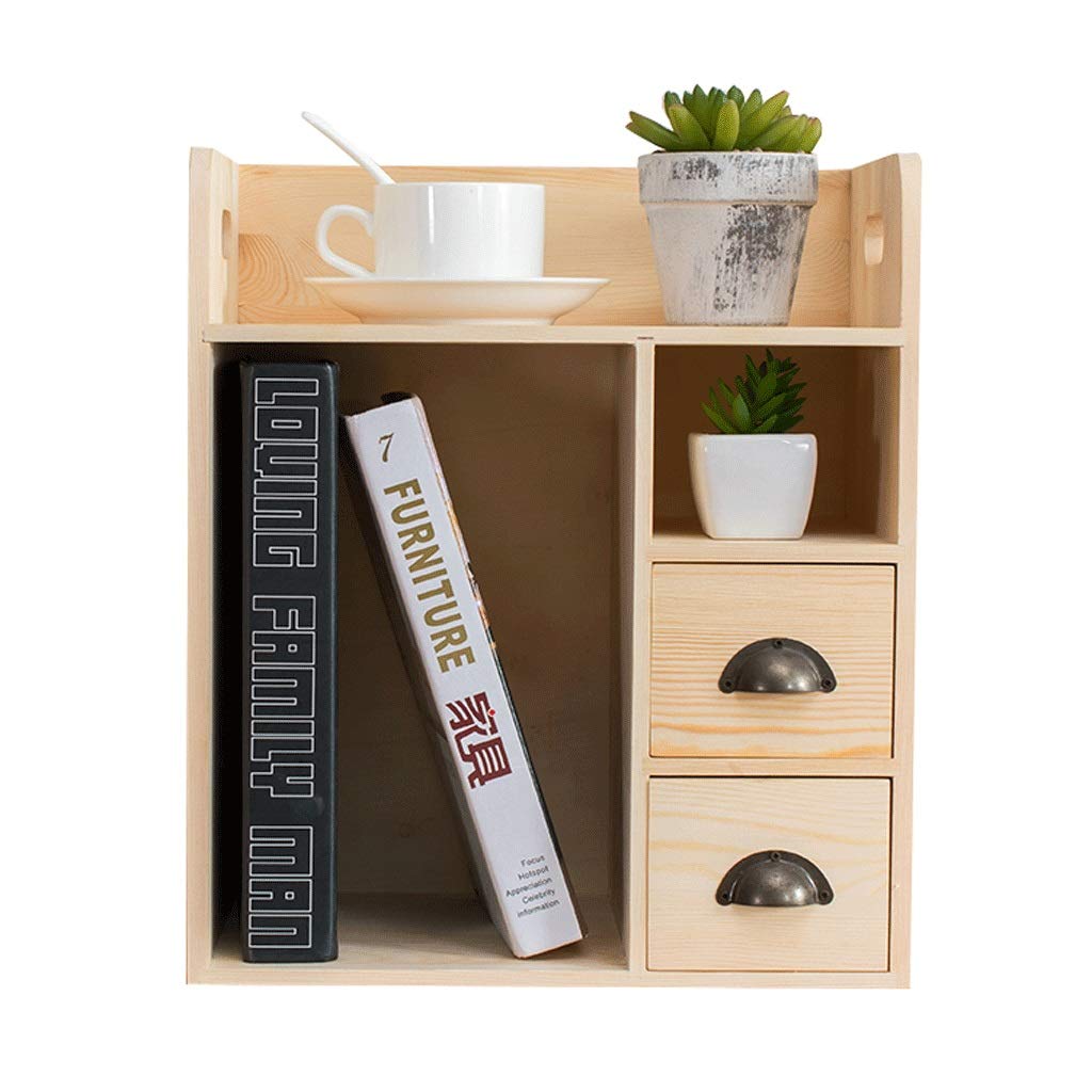 XUHUI Small Solid Wood Bookshelf for Office & Home - Compact Tabletop Book Organizer with Drawer for Books, Cosmetics & Office Supplies - Perfect for Desk, Shelf & Storage Organization