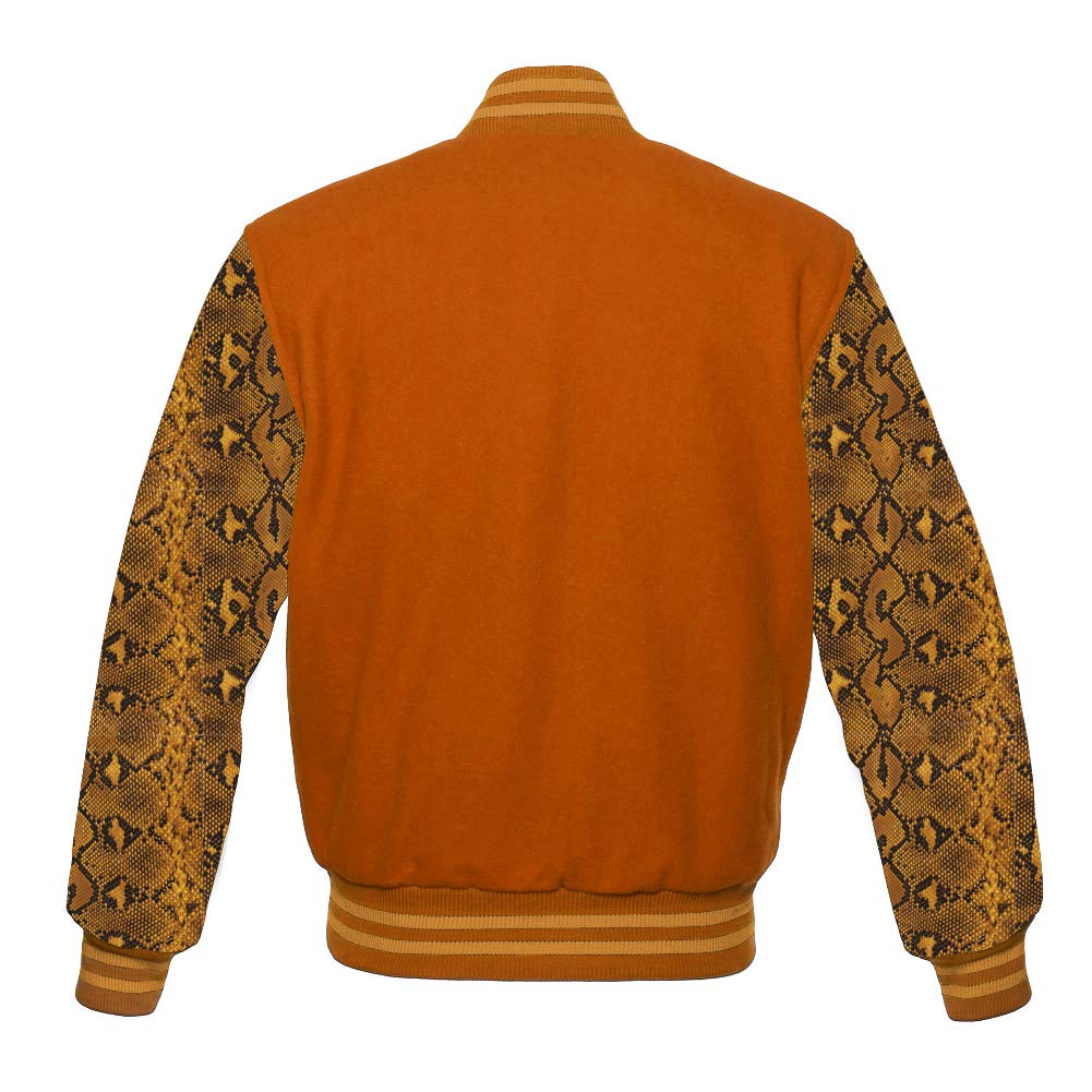 Varsity Jacket - Baseball Letterman Bomber Jacket with Orange Wool Body & Snake Skin Sublimated Cowhide Leather Sleeves | High School Style, Vintage Fashion, Streetwear Outfit for Men & Women