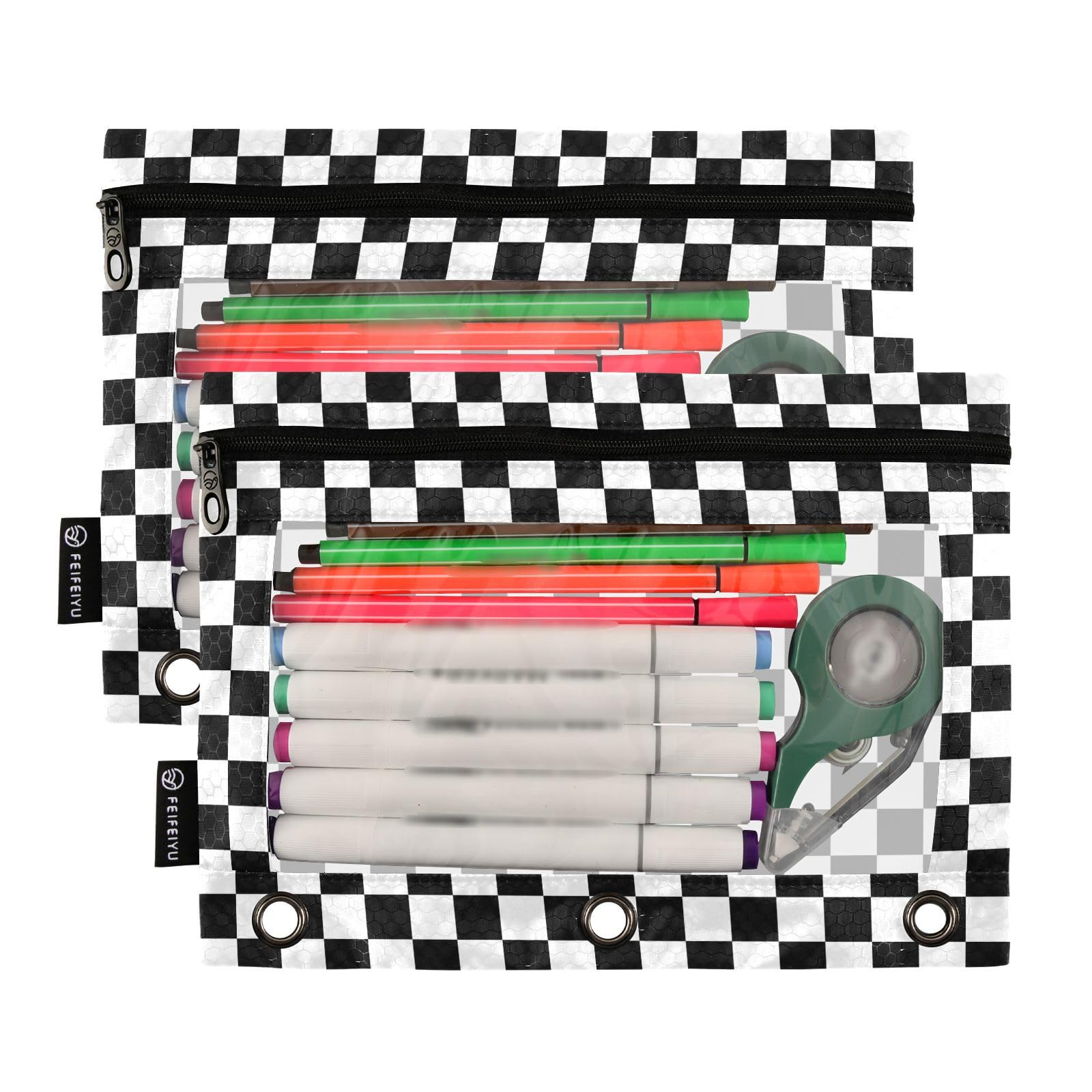Waterproof Black & White Checkered Pencil Pouch with Clear Window - 2 Pack School Supplies for 3 Ring Binder, Kids, Boys & Girls - Perfect for Classroom, Office & Organization