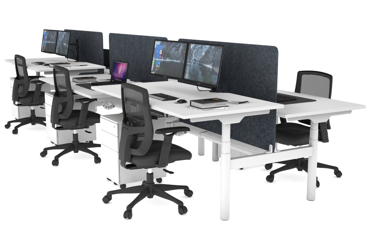 Flexi Premium Height Adjustable 6-Person H Bench Workstation - White Frame [1800L x 800W with Cable Management] - Ideal for Office, Coworking Spaces & Collaborative Work Environments