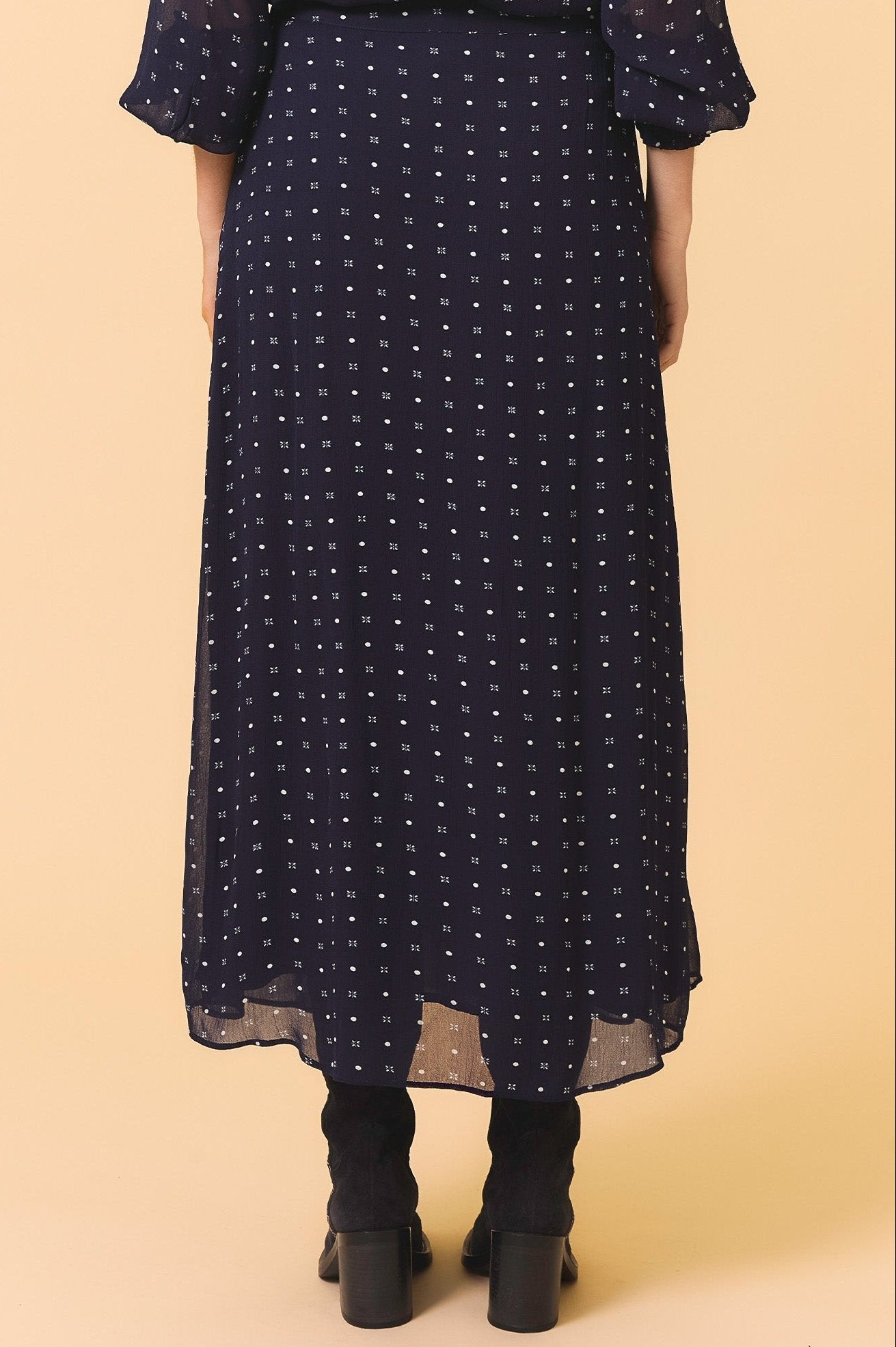 Kate Skirt - Navy & White Polka Dot Flared Midi Skirt for Women | Casual & Office Wear | Perfect for Spring & Summer Outfits