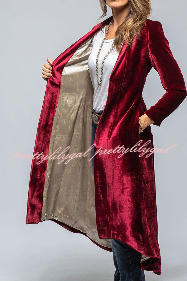 Vintage Velvet Long Loose Pocket Slit Coat - Women's Elegant Trench Coat with Pockets for Fall Winter Fashion, Perfect for Office, Date Night and Special Occasions
