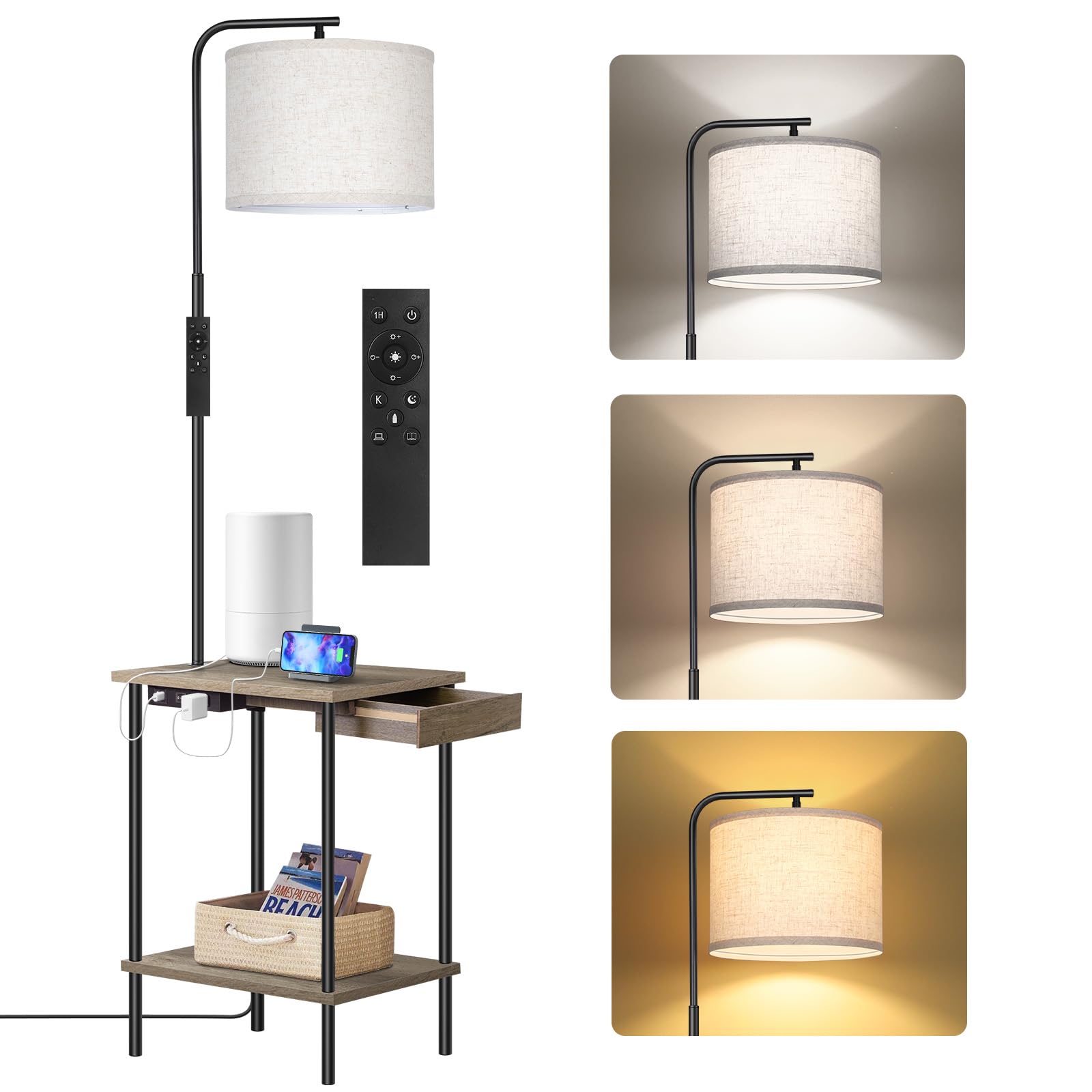 OUTON Floor Lamp with Side Table - Adjustable Dimmer & 4 Color Temperatures, Built-in Type C Charging Port & AC Outlet, Nightstand with Drawer - Perfect for Bedroom, Living Room & Office Lighting