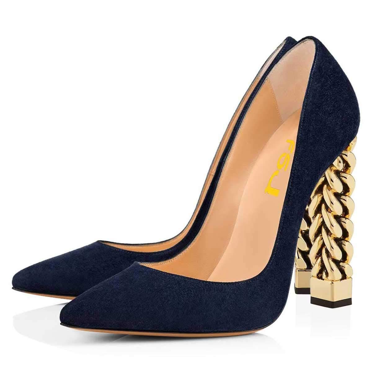 FSJ Women's Gold Metal Chain Chunky High Heel Pointed Toe Slip On Party Prom Pumps - Size 4-15 US - Perfect for Evening Events, Weddings & Special Occasions