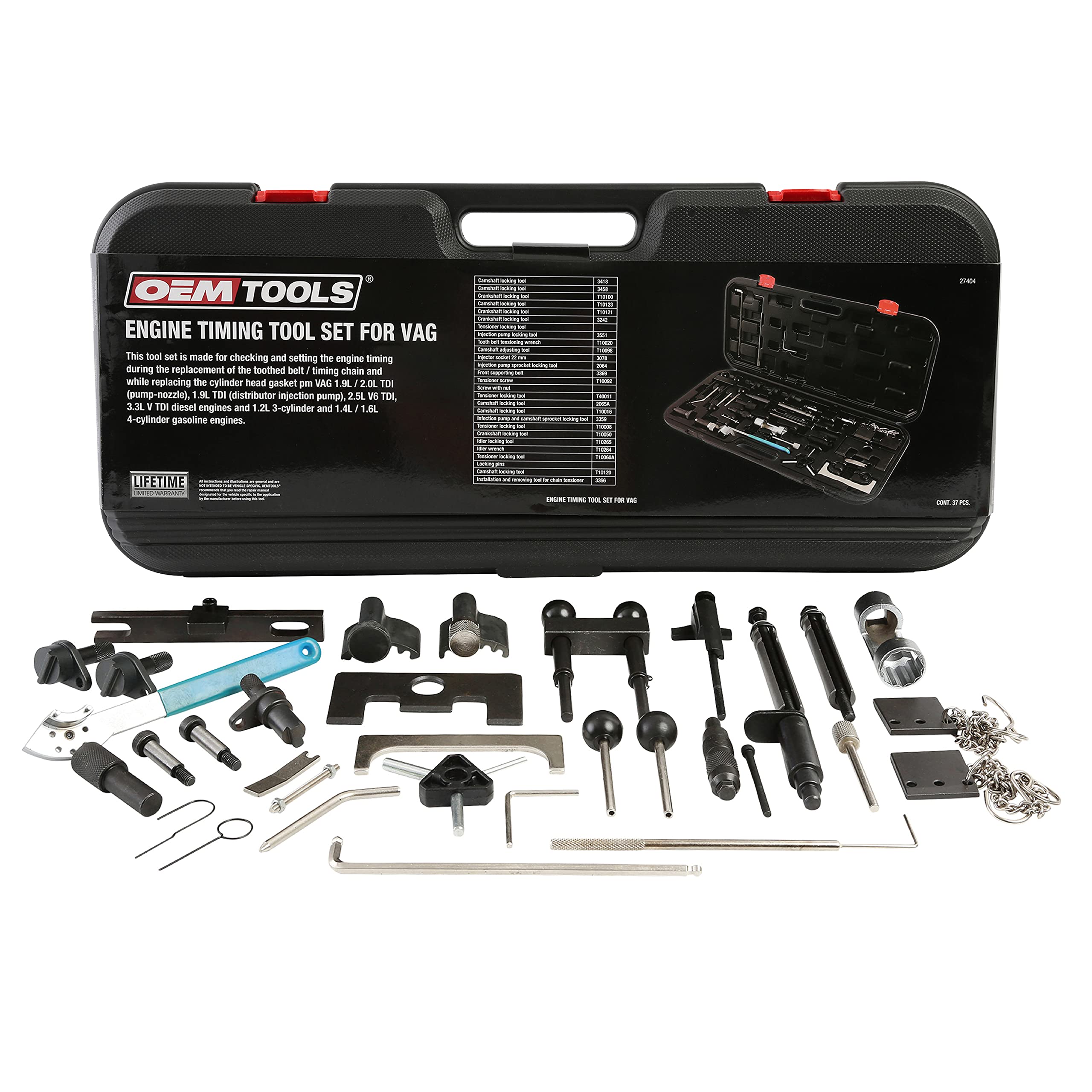 OEMTOOLS 27404 37-Piece Engine Timing Tool Kit for VW Audi VAG - Includes Belt Tensioner, Cam Pulley Holder & Camshaft Adjuster - Professional Automotive Repair Tool Set for Timing Belt Replacement & Engine Maintenance