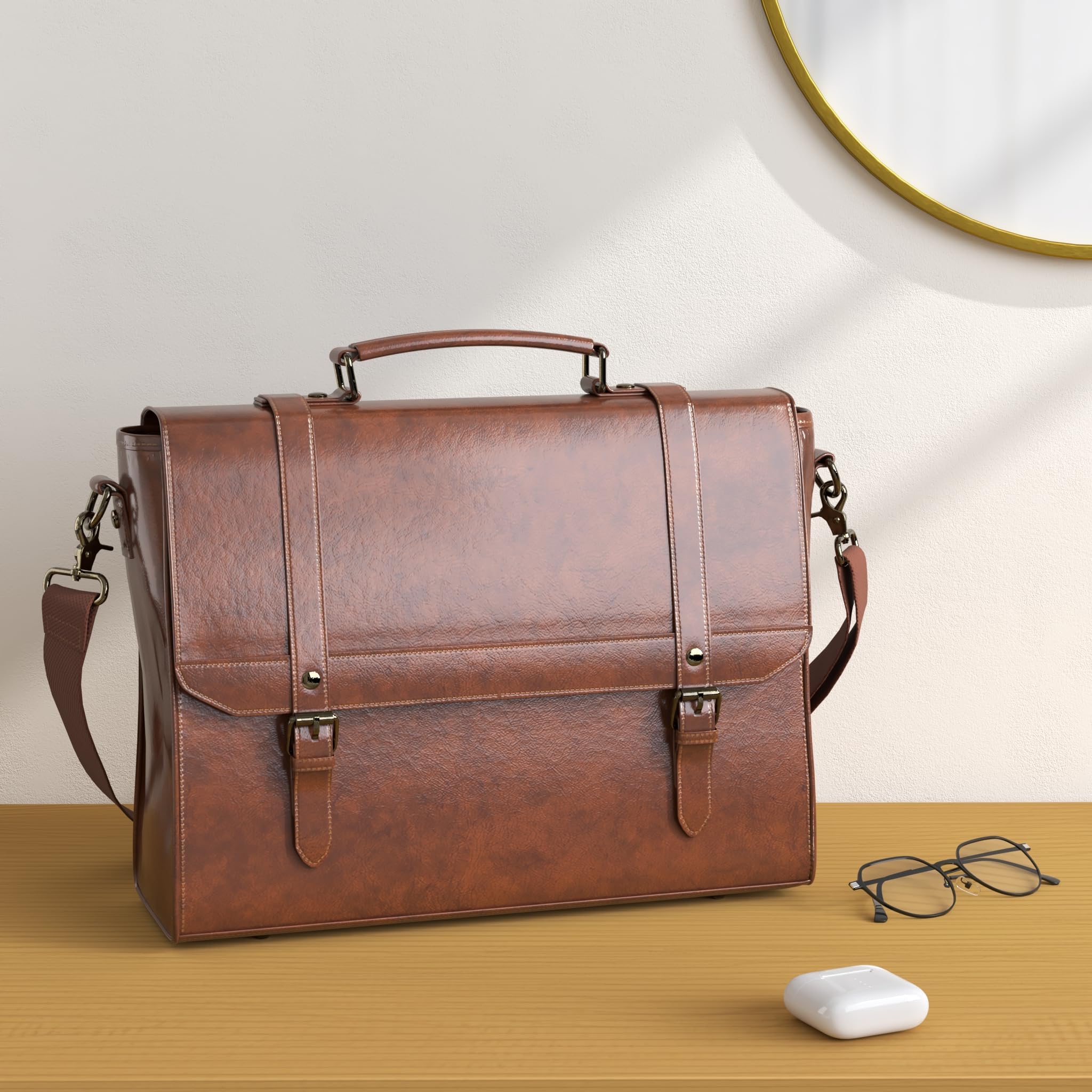 IGOLUMON Vintage Leather Messenger Bag for Men - 15.6 Inch Waterproof Laptop Briefcase, Retro Satchel Shoulder Bag for Office, Business, Travel, College, and Everyday Use, Brown