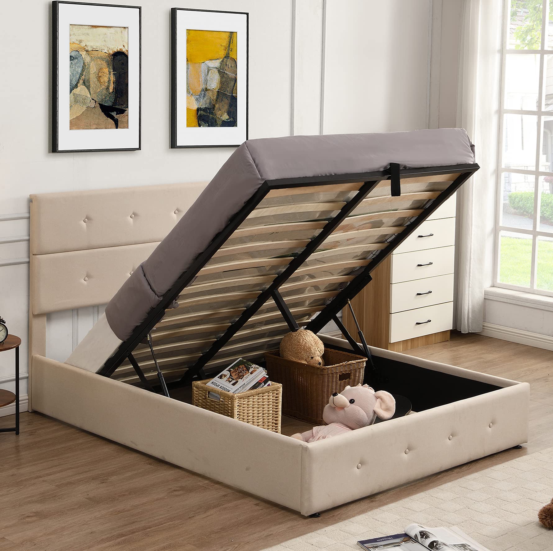 Full Size Platform Bed Frame with Lift-Up Storage & Headboard - Sturdy Metal Frame, Upholstered Beige Design with Bentwood Slats - Perfect for Small Bedrooms, Guest Rooms & Dorm Storage Solutions