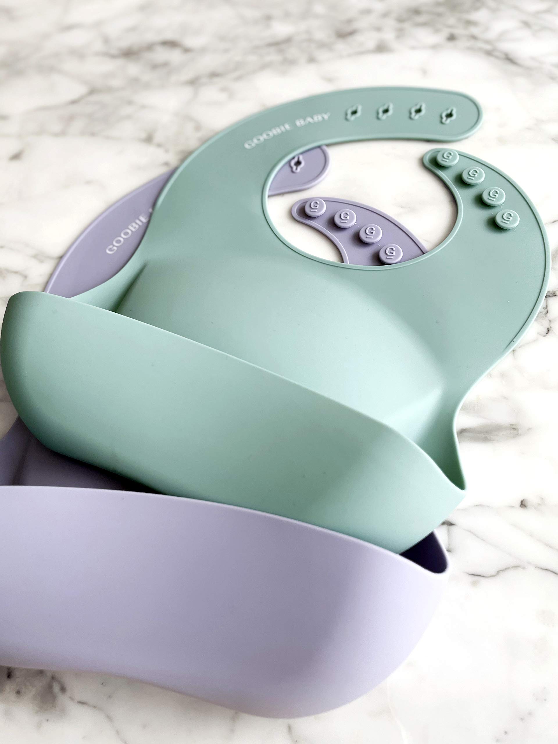 **Adjustable Waterproof Silicone Baby Bib with Food Catcher - Soft & Easy Clean Feeding Bib for Infants & Toddlers 4-36 Months (Girl & Boy) - 2 Pack (Sea Glass/Lilac) - Perfect for Messy Meals & On-the-Go Feeding**