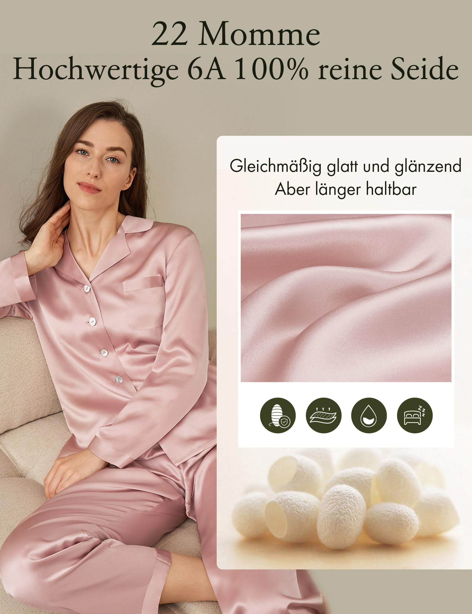 Luxury 100% Mulberry Silk Pajamas for Women - 22 Momme Pure Long Sleeve Full Length Nightwear Set | Soft & Breathable Sleepwear for Comfortable Nights, Lounging & Gifts