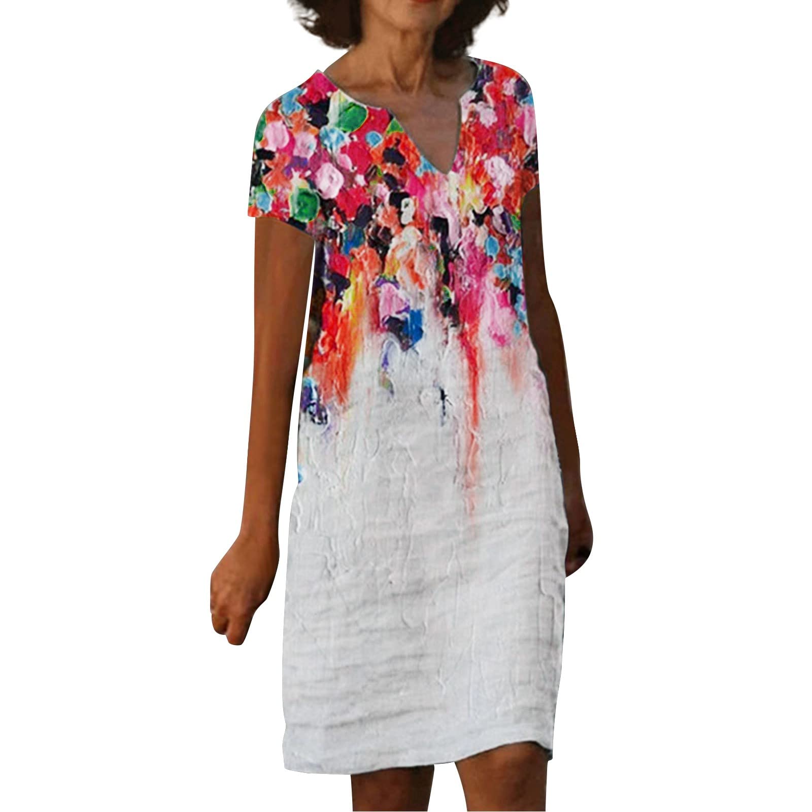 Women's Summer Casual V-Neck Printed Short Sleeve Tank Dress - Sexy Floral Sundress for Beach, Party & Vacation