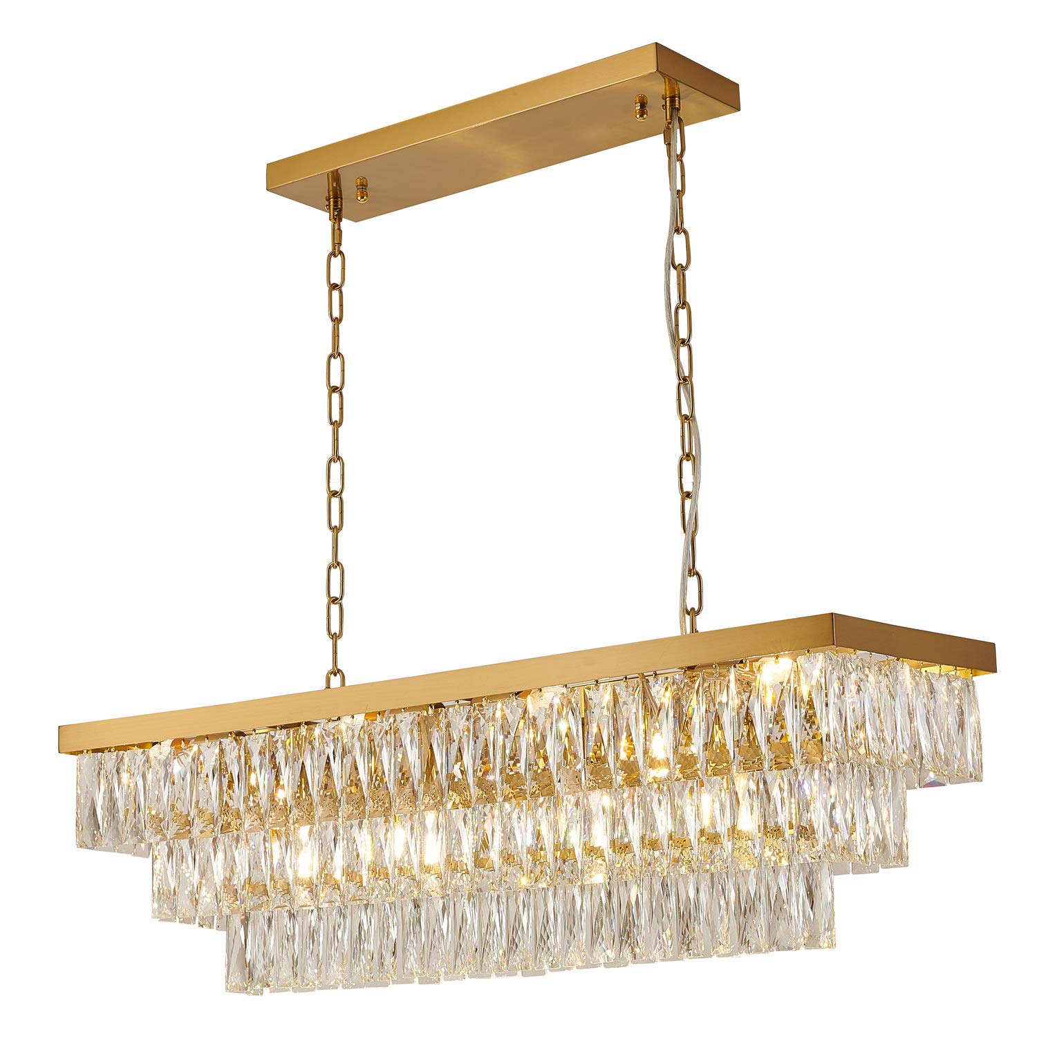 Bethel Rectangular Gold Metal Frame Chandelier with Clear Hanging Crystals - Elegant Dining Room Lighting for Home Decor | Perfect for Living Room, Bedroom & Entryway