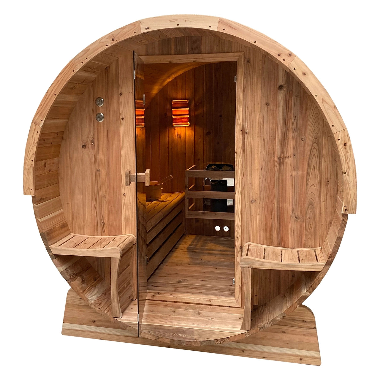 Aleko Outdoor Rustic Cedar Barrel Steam Sauna for 4 People - ETL Certified Front Porch Canopy - Perfect for Backyard Relaxation, Spa Day & Home Wellness Retreats