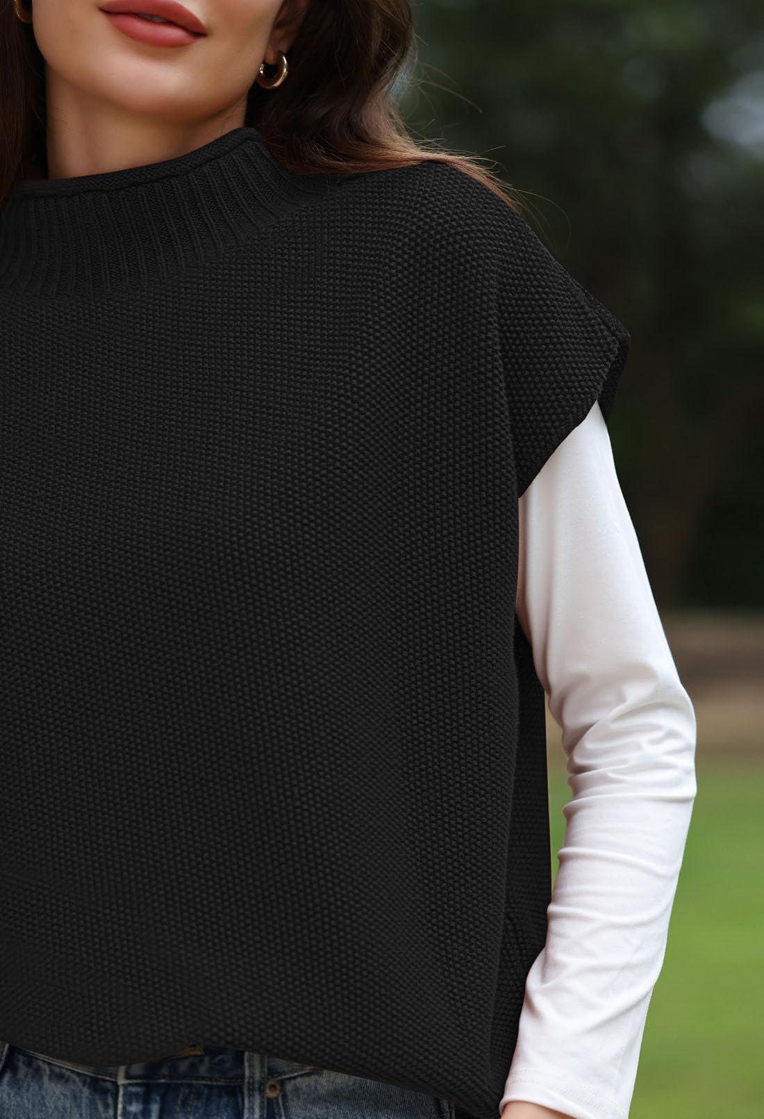 Pink Queen Women's 2025 Spring Mock Neck Sweater Vest Cap Sleeve Pullover Knit Tops - Casual Office Wear & Spring Layering Outfits