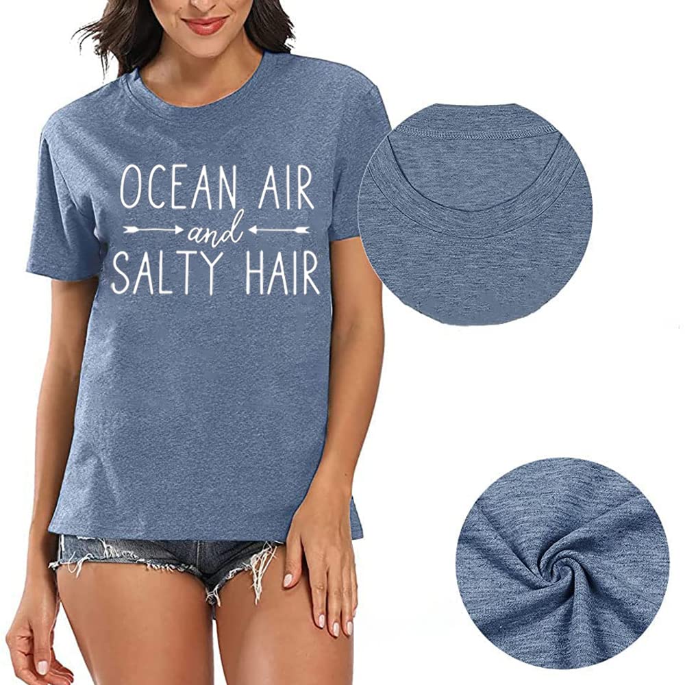 Ocean Air and Salty Hair Women's Graphic T-Shirt - Casual Short Sleeve Funny Top Tee for Beach, Vacation & Summer Outfits | Athletic Fit Cotton Shirt