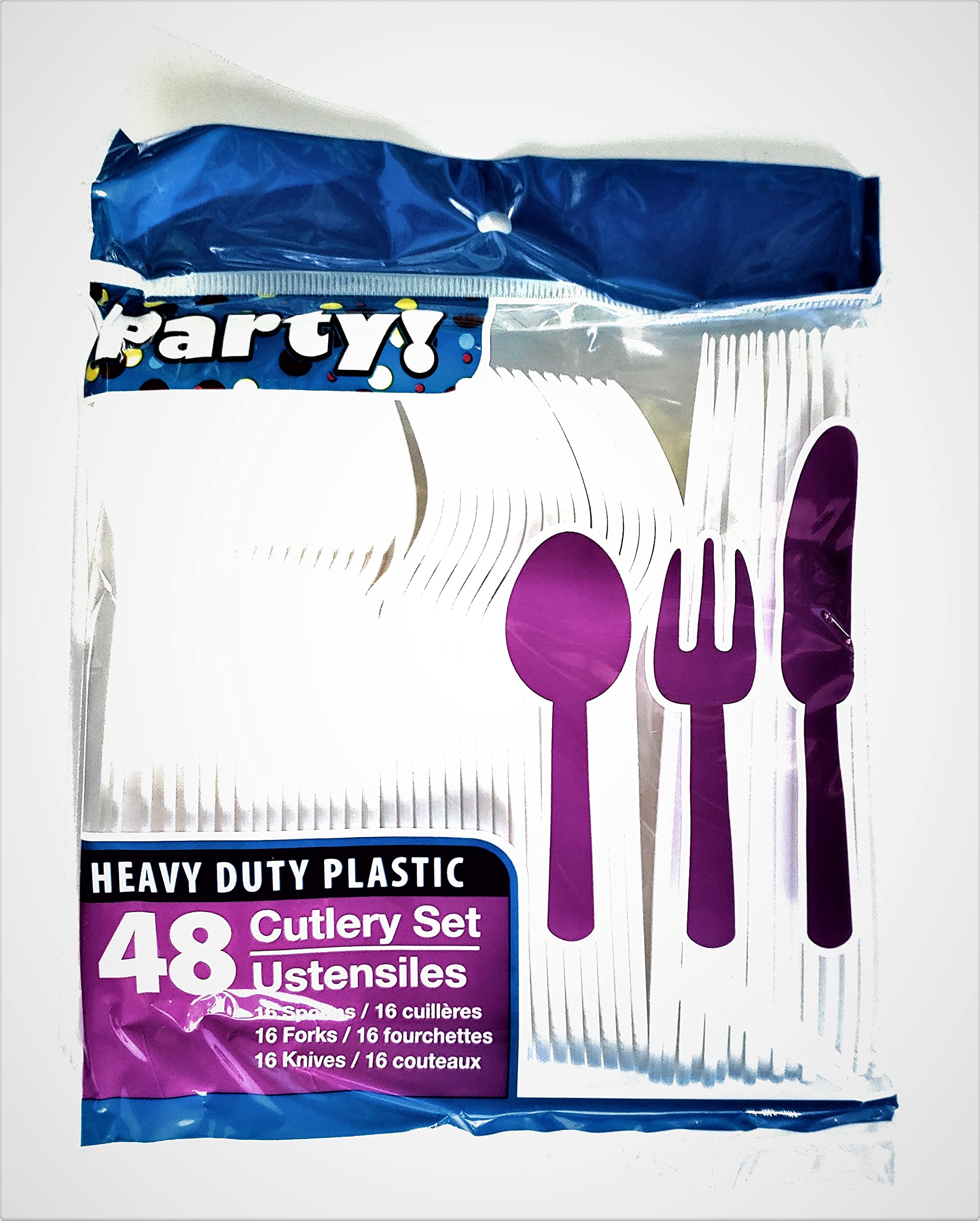 1 OM Gold & White Disposable Plastic Cutlery Set - 96 Piece Party Silverware (32 Spoons, 32 Forks, 32 Knives) - 2 Packs of 48 - BPA-Free for Weddings, Birthdays & Catering Events - Bulk Disposable Utensils for Home & Office Use