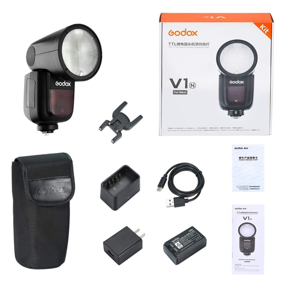 Godox V1-N TTL Camera Flash Speedlite for Nikon Z8, Z9, Z7, Z6, Z5, D850, D810, D750, D610, D7500, D7100, D5300, D3300, D90, D5, D4 - Professional Photography Lighting for Portraits, Weddings & Events