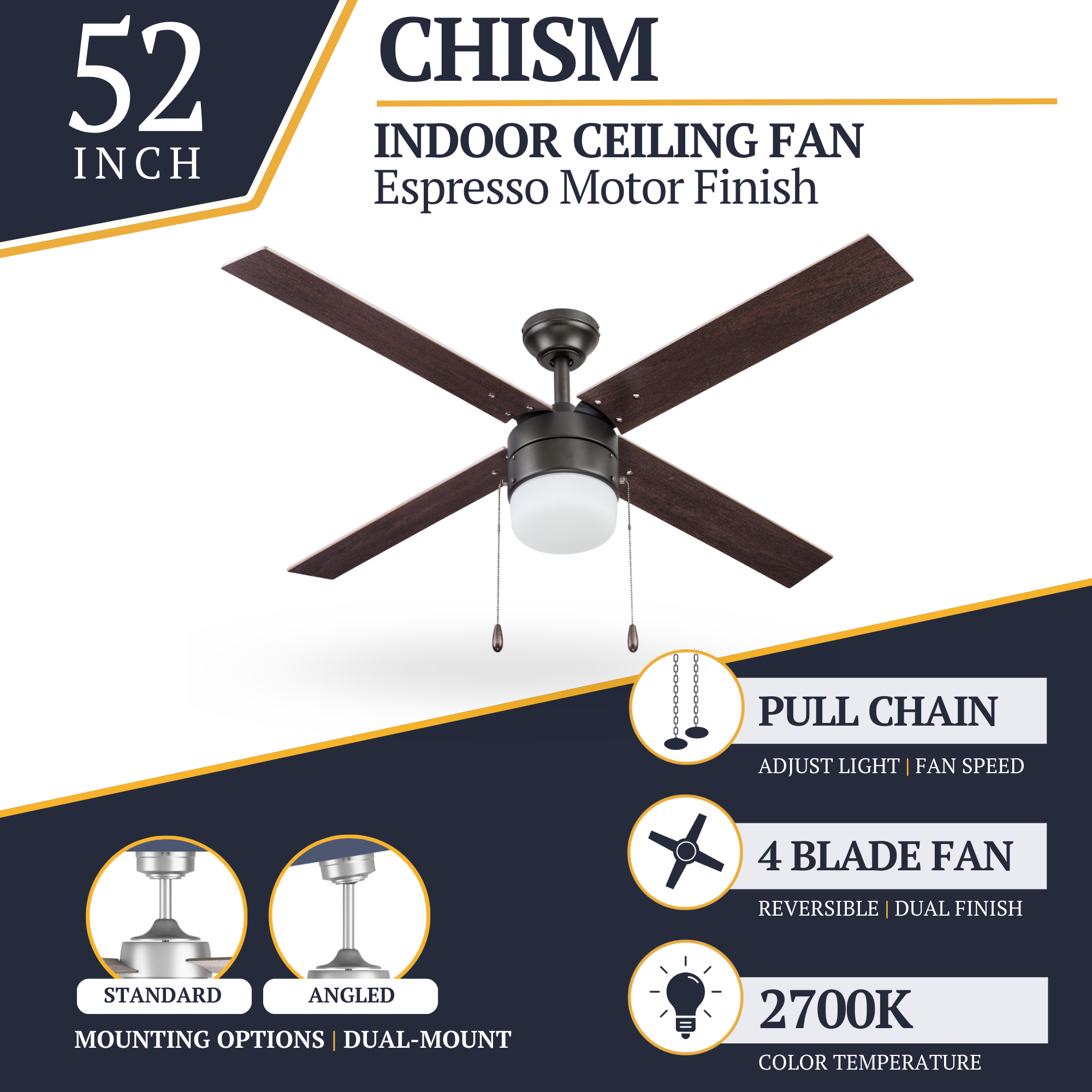 52 Inch Espresso Bronze Ceiling Fan with Pull Chain - Modern Indoor Cooling Fan for Living Room, Bedroom, and Office