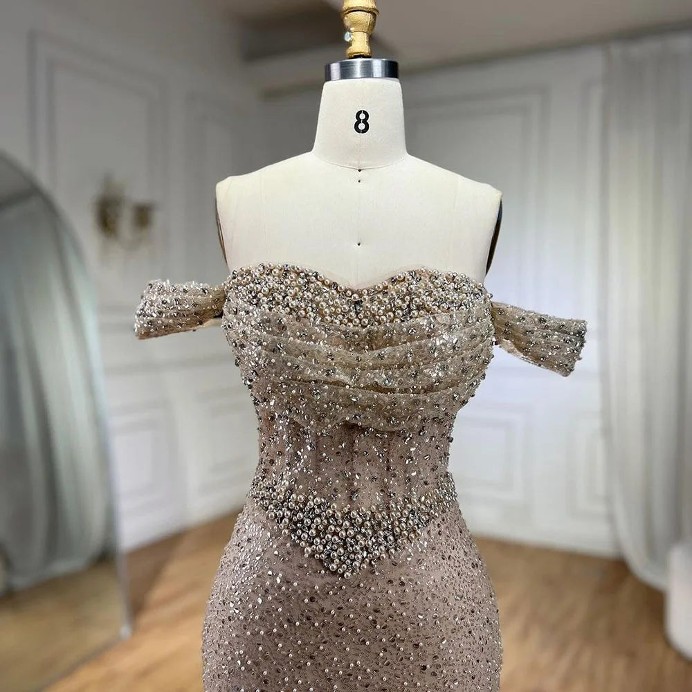 Elegant Mermaid Evening Dresses for Women - Luxury Pearl Beaded Dubai Arabian Style Wedding Gowns 2025 | Perfect for Weddings, Galas & Formal Parties