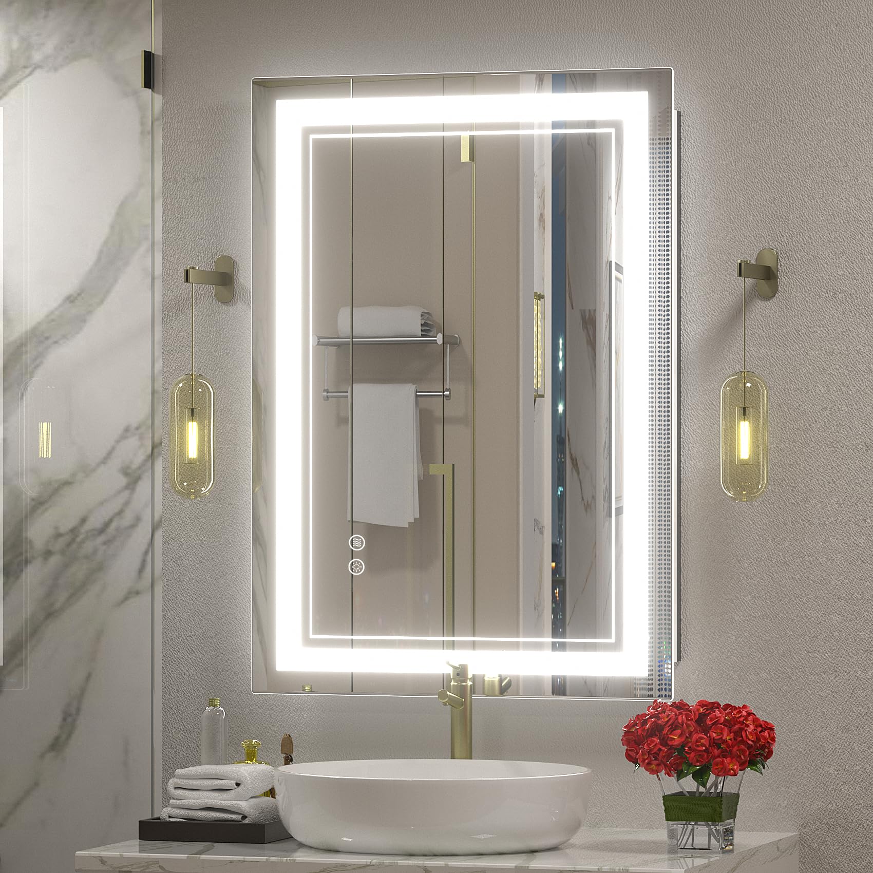 OKPAL 20 x 28 Inch LED Bathroom Mirror with Dimmable Lights - Anti-Fog, Shatter-Proof, Touch Switch - Wall Mounted Vanity Mirror for Modern Bathrooms & Makeup Areas