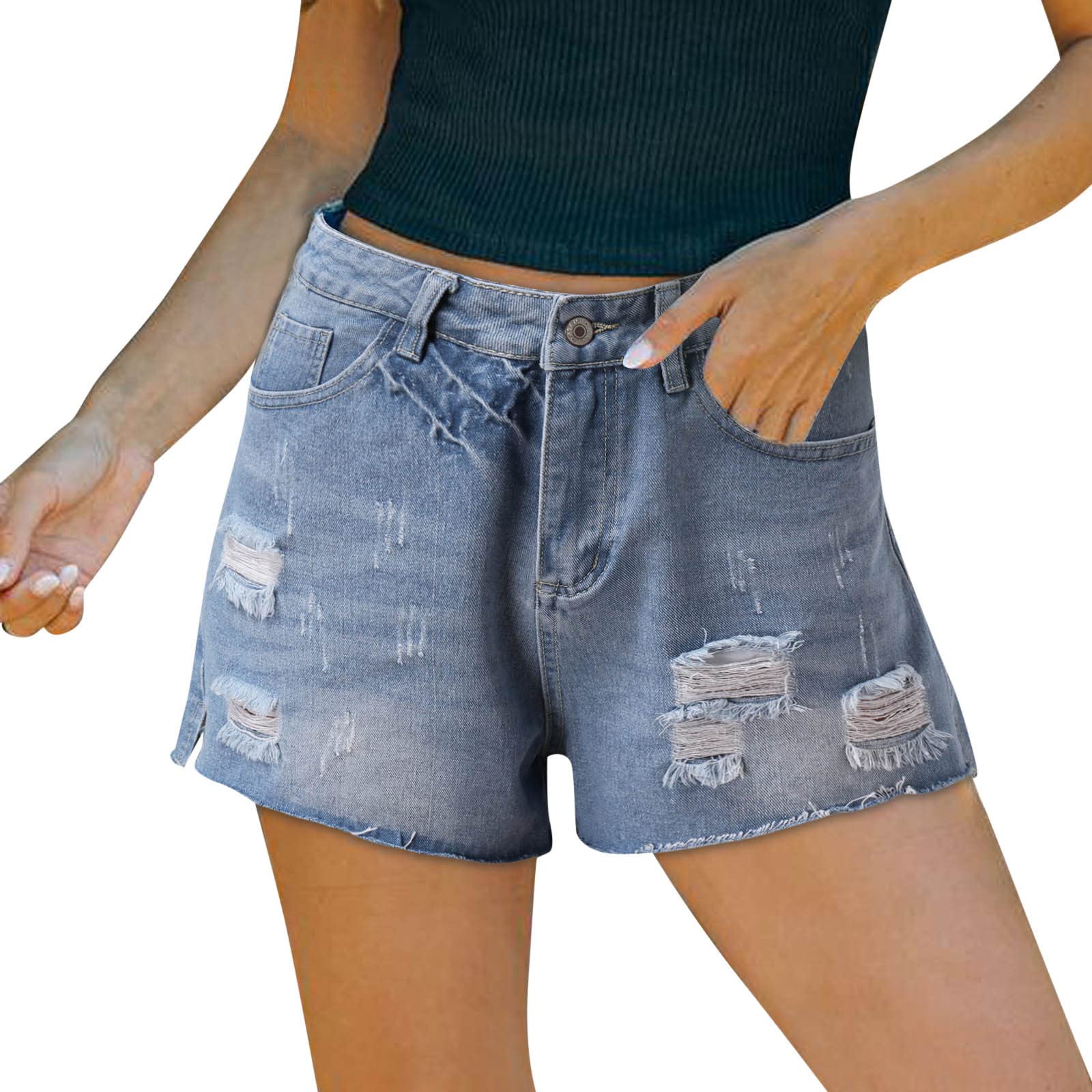 WOCACHI Women's High Waisted Ripped Denim Shorts - Raw Hem Distressed Stretchy Jean Shorts for Summer | Casual Outfit, Beach Vacation, Streetwear Fashion