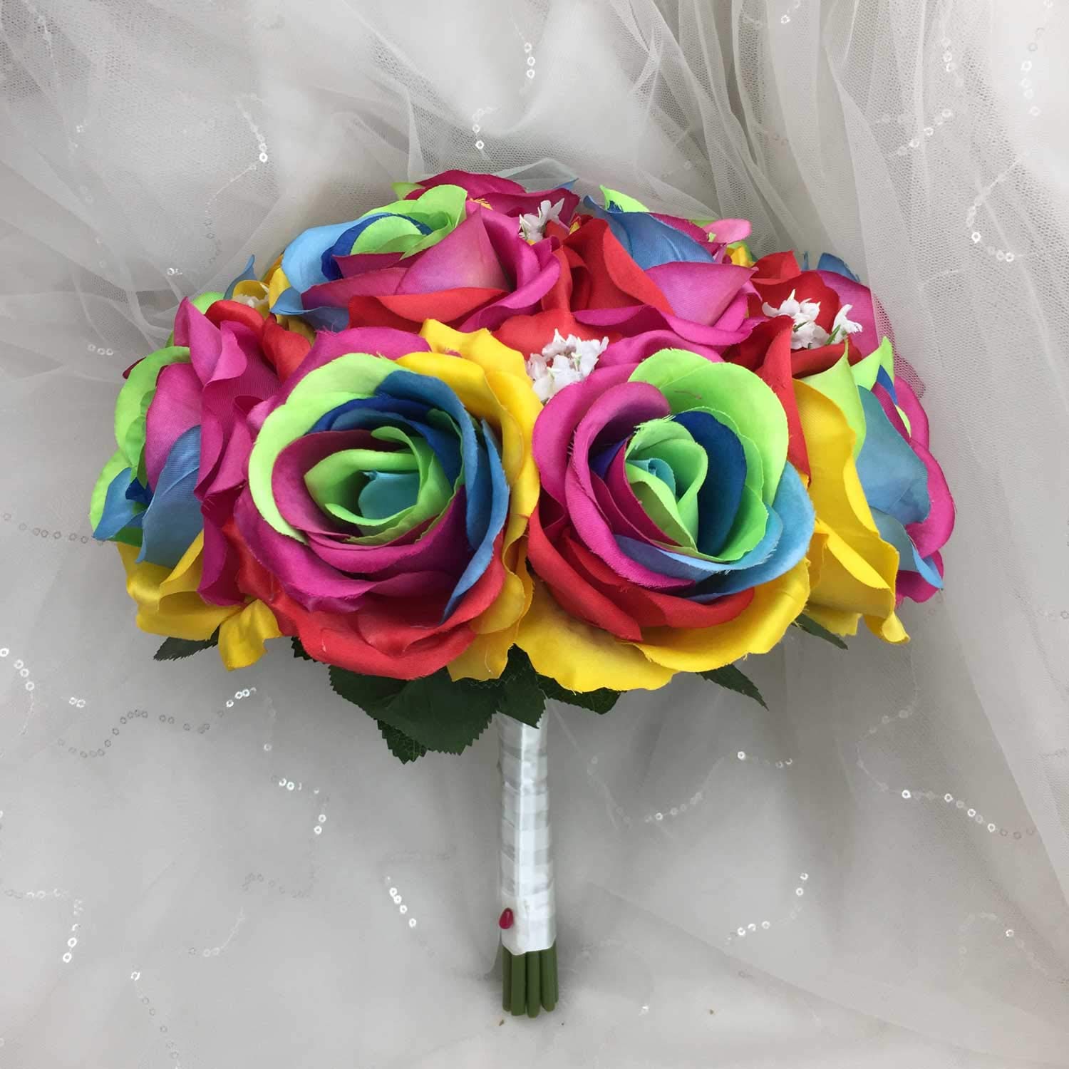 Silk Rainbow Rose Flowers Bouquet Boutonniere - Artificial Wedding Bouquet for Bridal Party, Centerpieces, Home Decor & Special Events