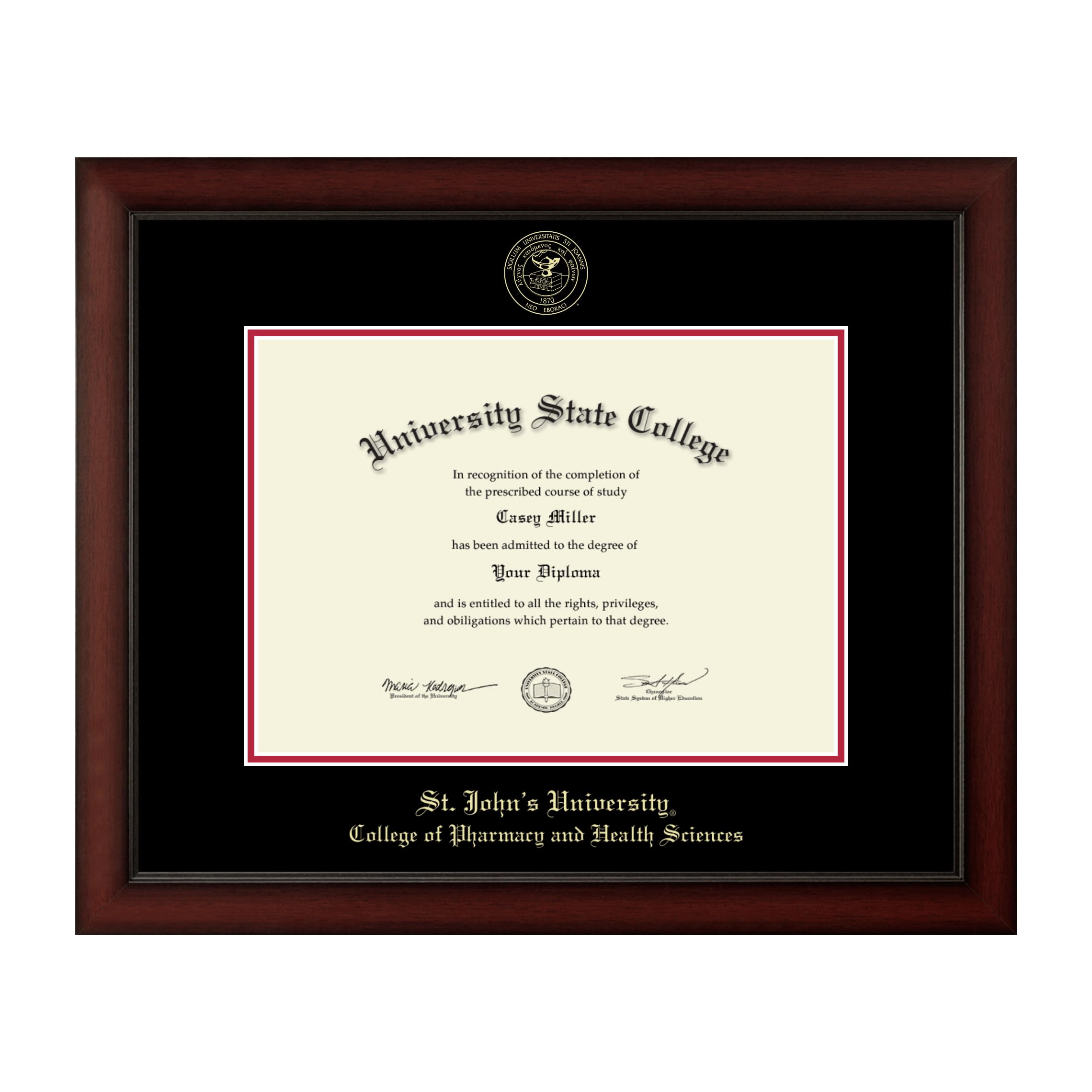 St. John's University PhD Diploma Frame 18x13 Inches - Gold Embossed Cherry Wood Frame with Black & Red Mat - Perfect for Pharmacy & Health Sciences Graduates - Office Decor & Wall Display