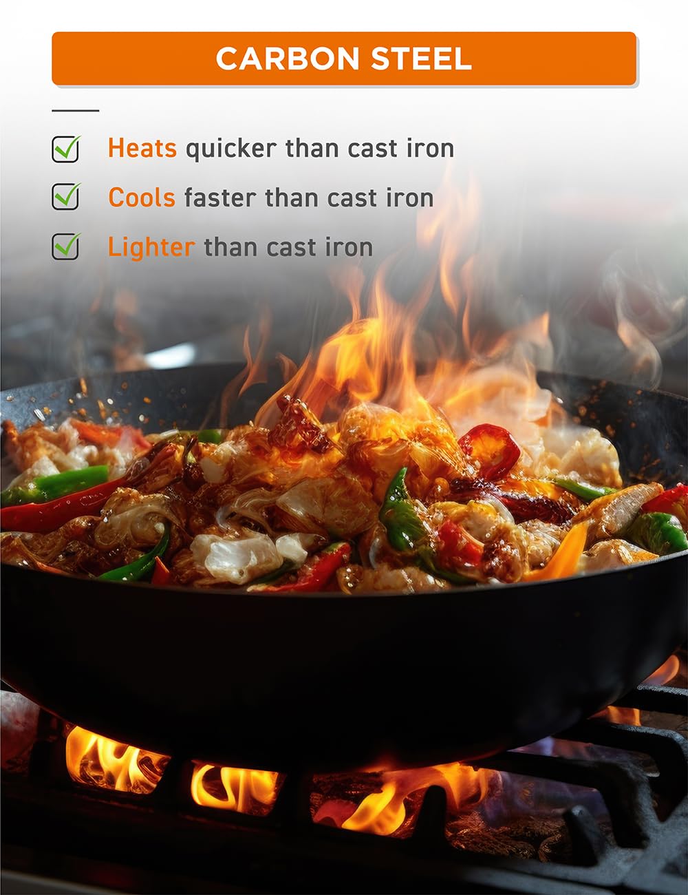 Commercial CHEF 12-Inch Carbon Steel Wok with Acacia Wood Handle - Non-Stick Ceramic Coated Stir Fry Pan - Safe for All Cooktops & Grills - Lighter & Cools Faster Than Cast Iron - Perfect for Asian Cooking, Stir-Frying & High-Heat Searing