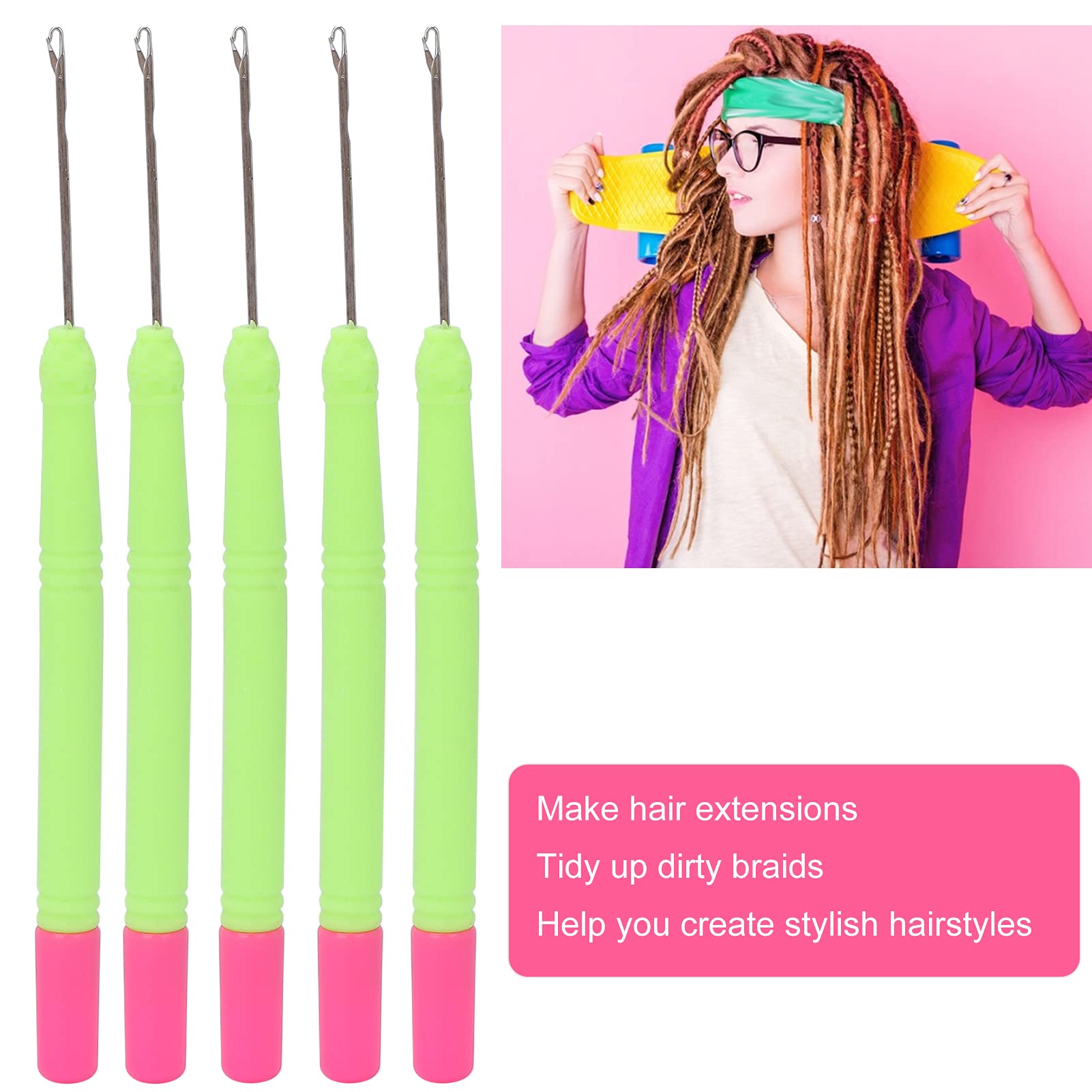 5pcs Plastic Hair Extension Crochet Hook Set - Professional Braiding Tools for Dreadlocks, Box Braids & Crochet Hair (Green #2) - Perfect for Salon Styling & DIY Hair Extensions at Home