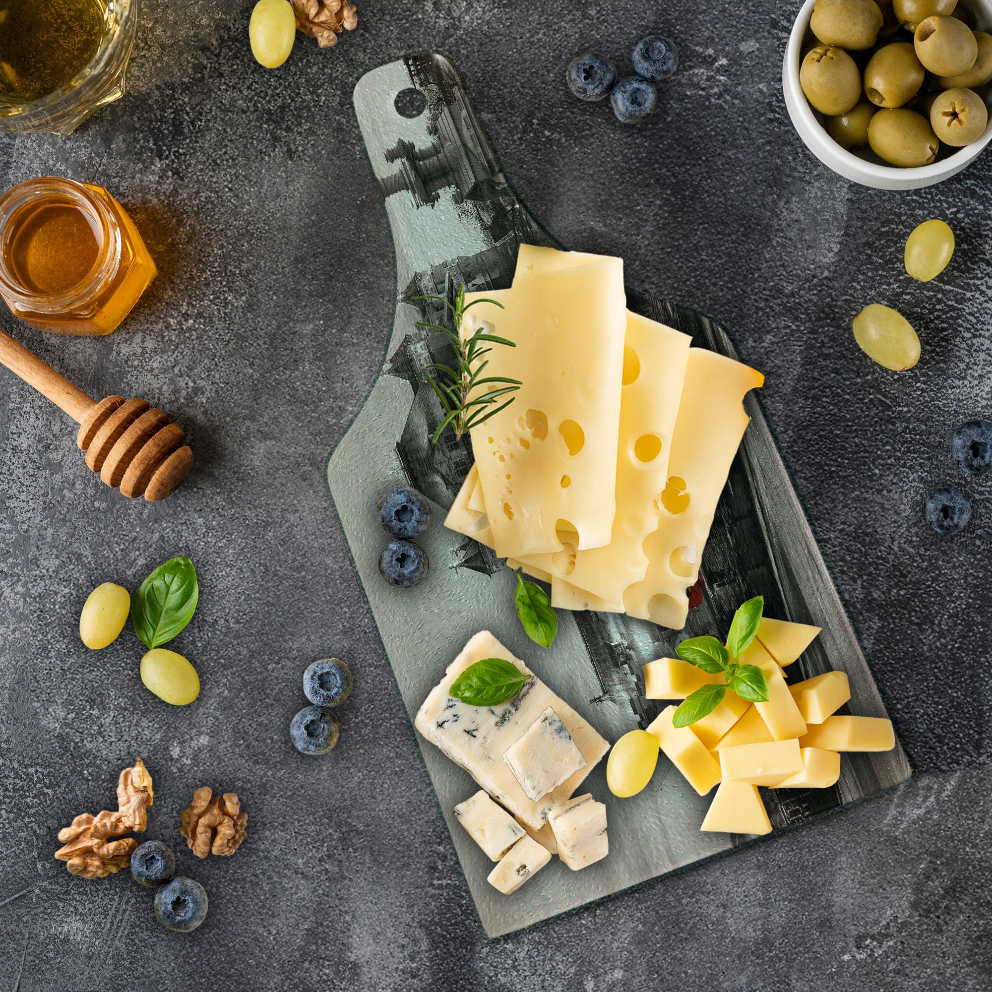 Ambesonne London Theme Black and White Cutting Board - Tower Bridge Cityscape Tempered Glass Serving Board for Kitchen, Cheese & Charcuterie - Wine Bottle Shape in Taupe Grey Red - Perfect for Entertaining & Home Decor