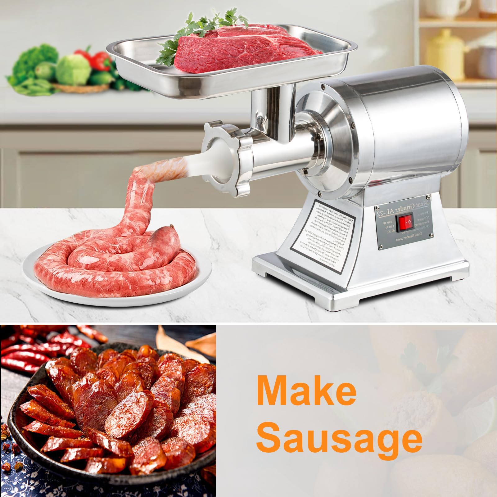 TECSPACE 1.5HP 1100W Commercial Electric Meat Grinder - Heavy Duty Stainless Steel Mincer with 550 LBS/Hour Capacity & 193 RPM - Perfect for Butcher Shops, Restaurants, and Home Meat Processing