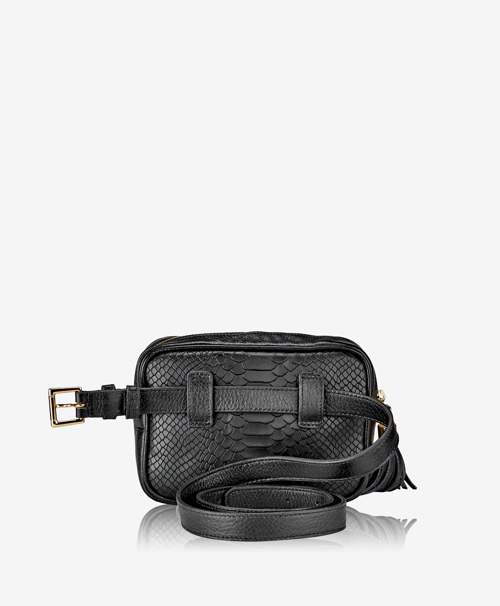 Kylie Belt Bag for Women - Black Embossed Python Leather Crossbody Bag | Fashionable Waist Pack for Travel, Shopping & Everyday Use
