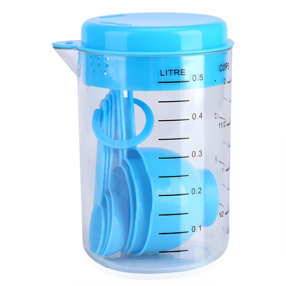 7-Piece Plastic Measuring Cup Set with Spout & Stackable Spoons - 500ml for Precise Tea, Coffee & Baking Measurements - Ideal for Kitchen, Lab & DIY Projects