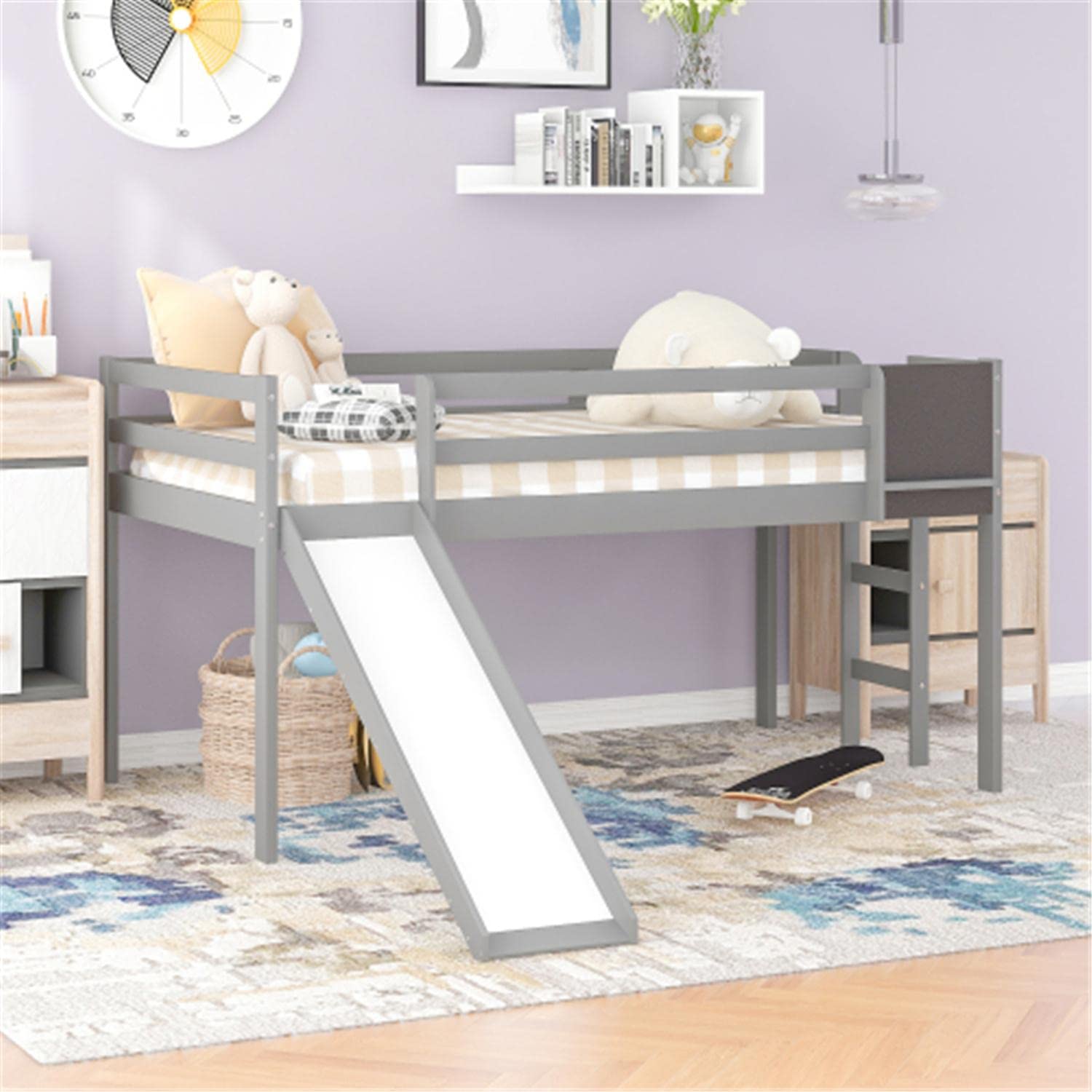 Twin Loft Bed with Slide & Ladder - Low Loft Bed with Under Bed Storage Space - Easy to Assemble Gray Kids Bed - Perfect for Small Bedrooms, Dorm Rooms & Play Areas