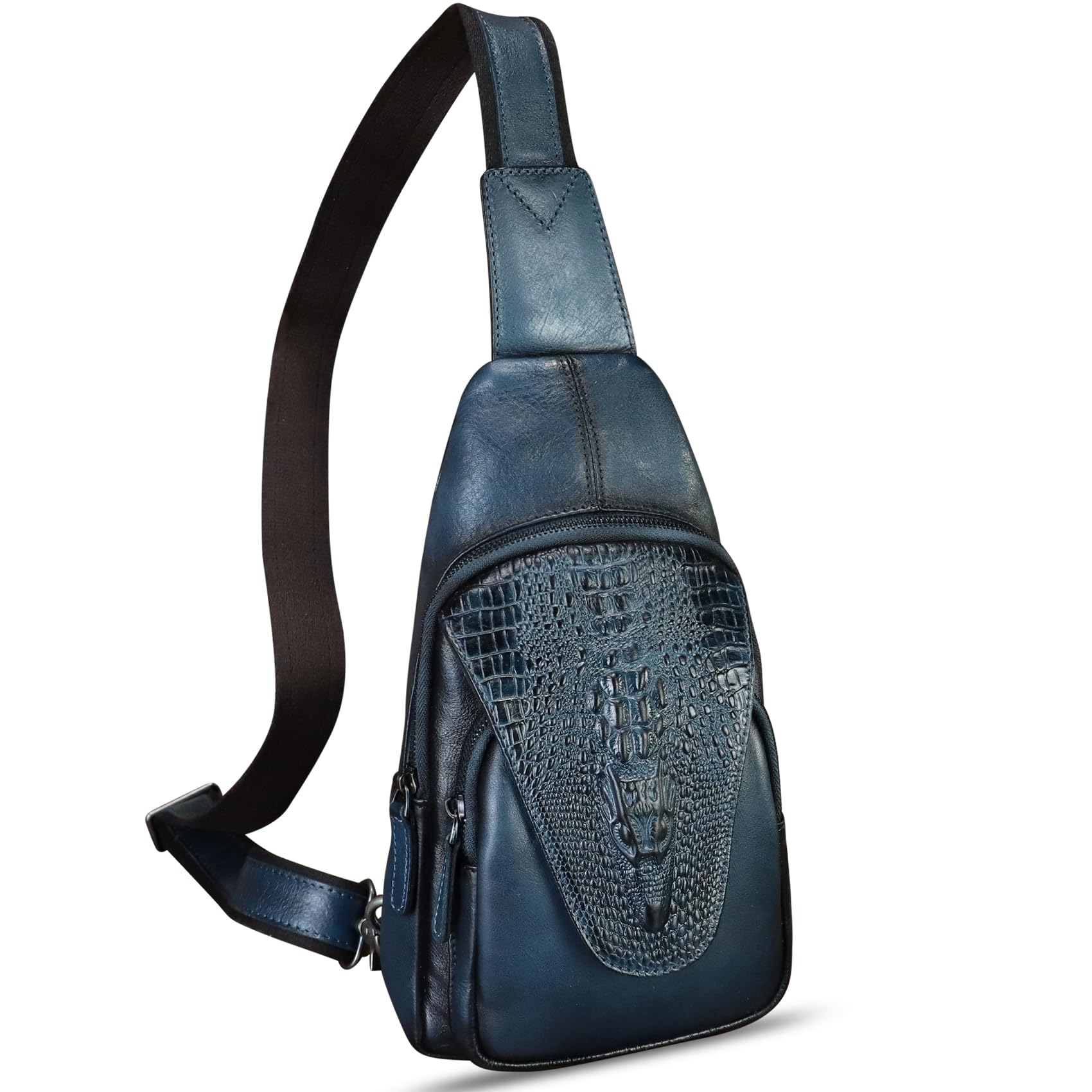Genuine Leather Sling Bag for Men & Women - Embossed Crocodile Pattern Crossbody Backpack, Handmade Chest Purse Daypack (Navy Blue) | Perfect for Travel, Work & Everyday Use