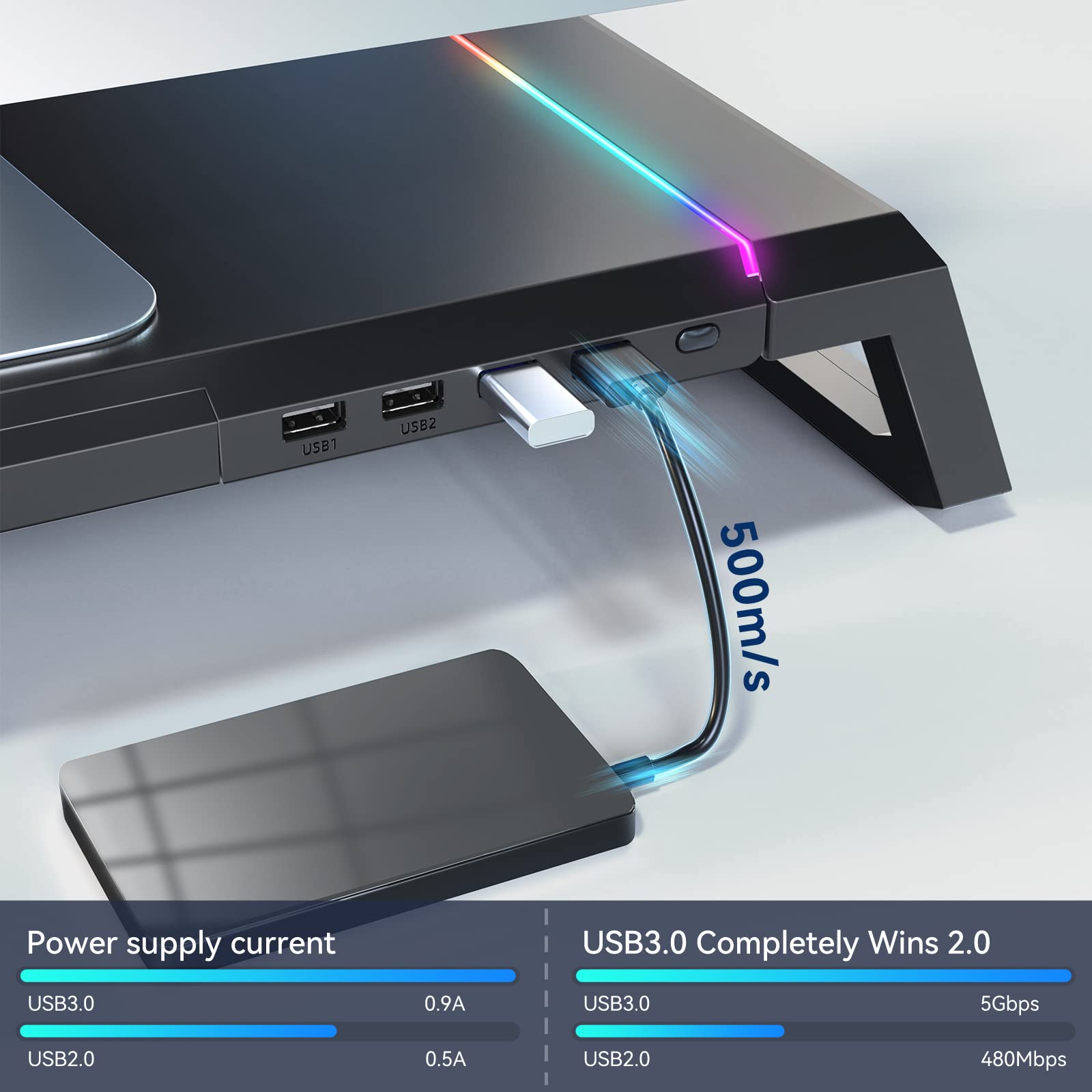 KYOLLY RGB Gaming Monitor Stand with Storage Drawer & Phone Holder - USB 3.0/2.0 Hub, Adjustable Height - Perfect for PC Gaming Setup & Home Office Workspace