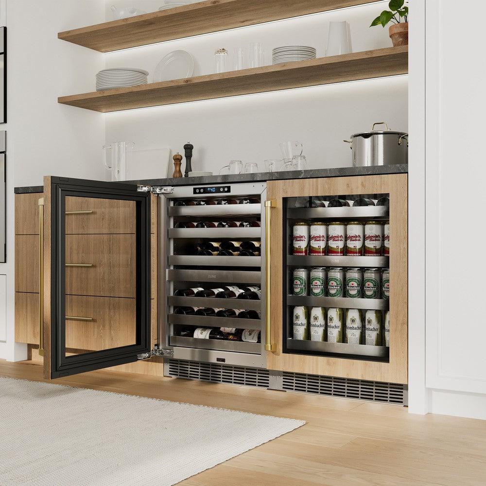 ZLINE Autograph Edition 24 Inch Touchstone Dual Zone 44 Bottle Wine Cooler with Panel Ready Glass Door & Polished Gold Handle - Perfect for Home Bars, Wine Cellars, and Entertaining Guests (RWDPOZ 24 G)