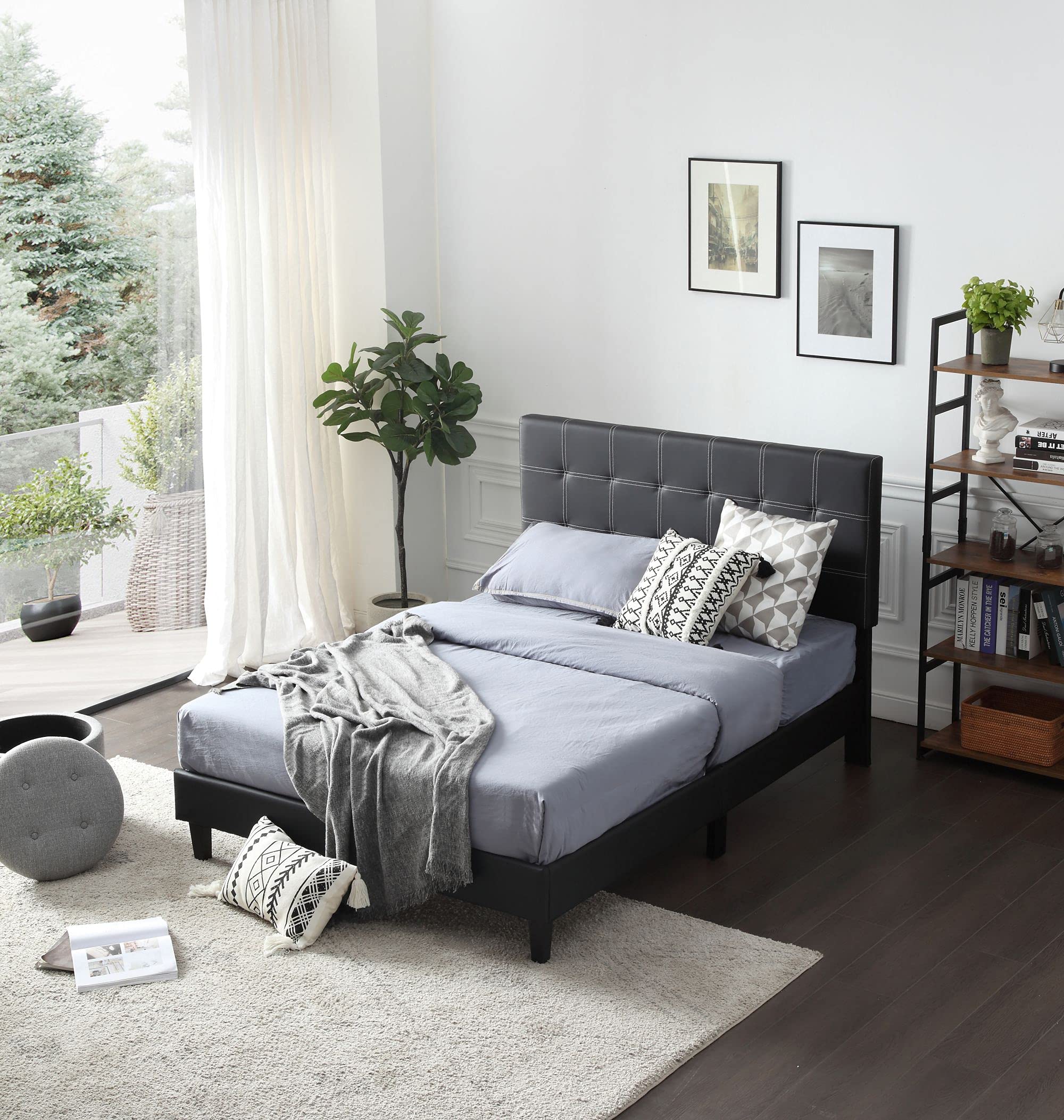 Modern Upholstered Full Size Bed Frame with Headboard - Wood Slat Support Faux Leather Platform Bed - No Box Spring Needed - Easy Assembly (Black, Full) - Perfect for Guest Rooms, Dorms & Small Bedrooms