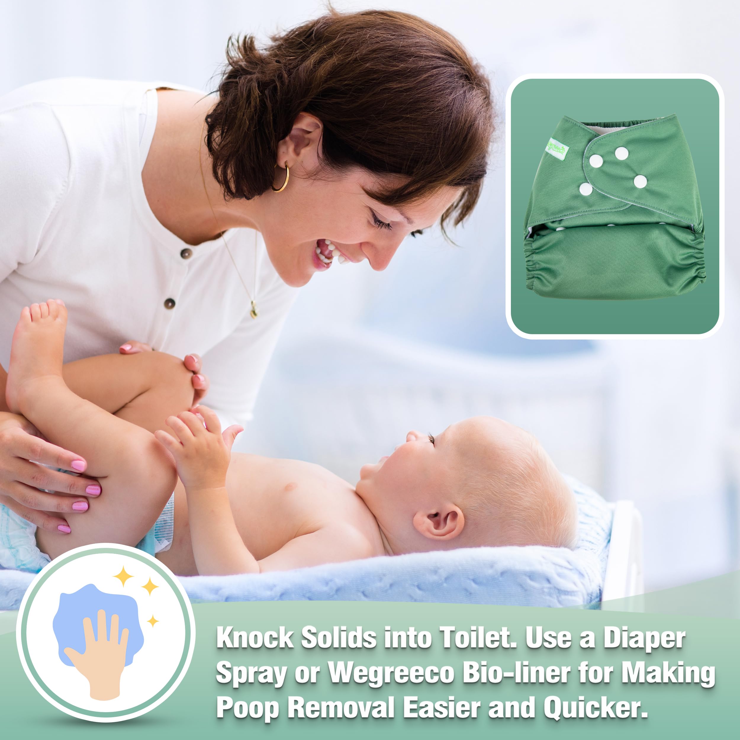 Wegreeco 6 Pack Cloth Diapers with Inserts & Wet Bag - Adjustable Reusable Washable Baby Diapers for Boys & Girls (Morandi Green) - Perfect for Daycare, Travel & Eco-Friendly Parenting
