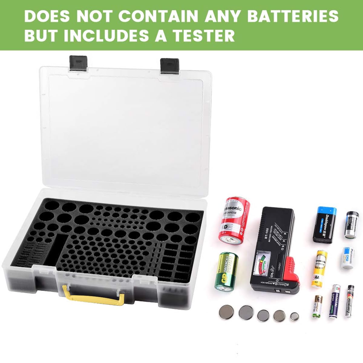 Battery Organizer Storage Case with Tester - Holds 225 AA AAA C D 9V Batteries & Lithium Cells (CR2032, CR1632, LR44) - Durable Grey Plastic Container for Garage, Home & Workshop Organization