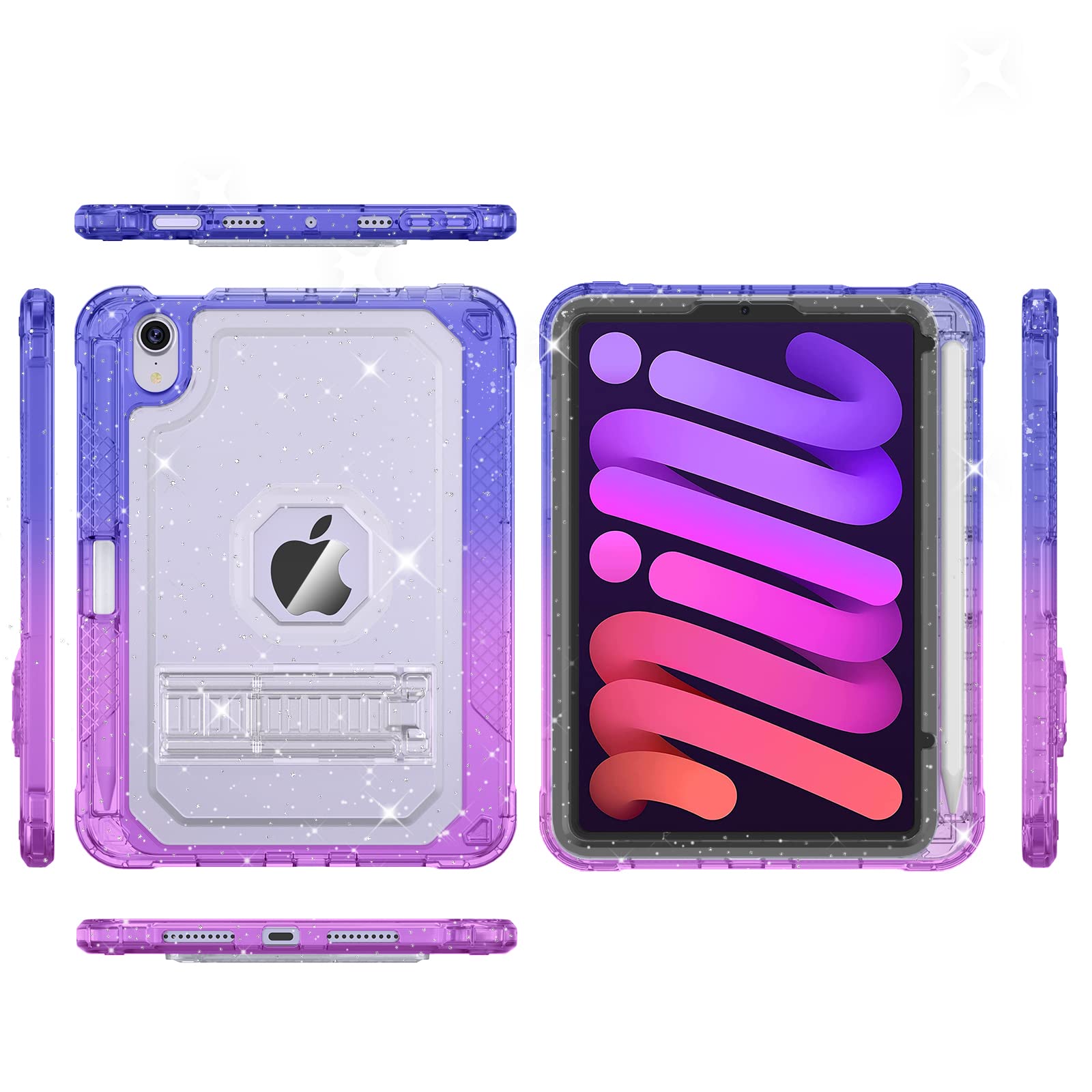 Premium Slim Protective Case for iPad Mini 7th/6th Generation (8.3 inch 2024/2021 Model) - Clear Glitter & Gradient Blue Purple Cover with Built-in Pencil Holder & Stand - Perfect for Work, School, and Travel