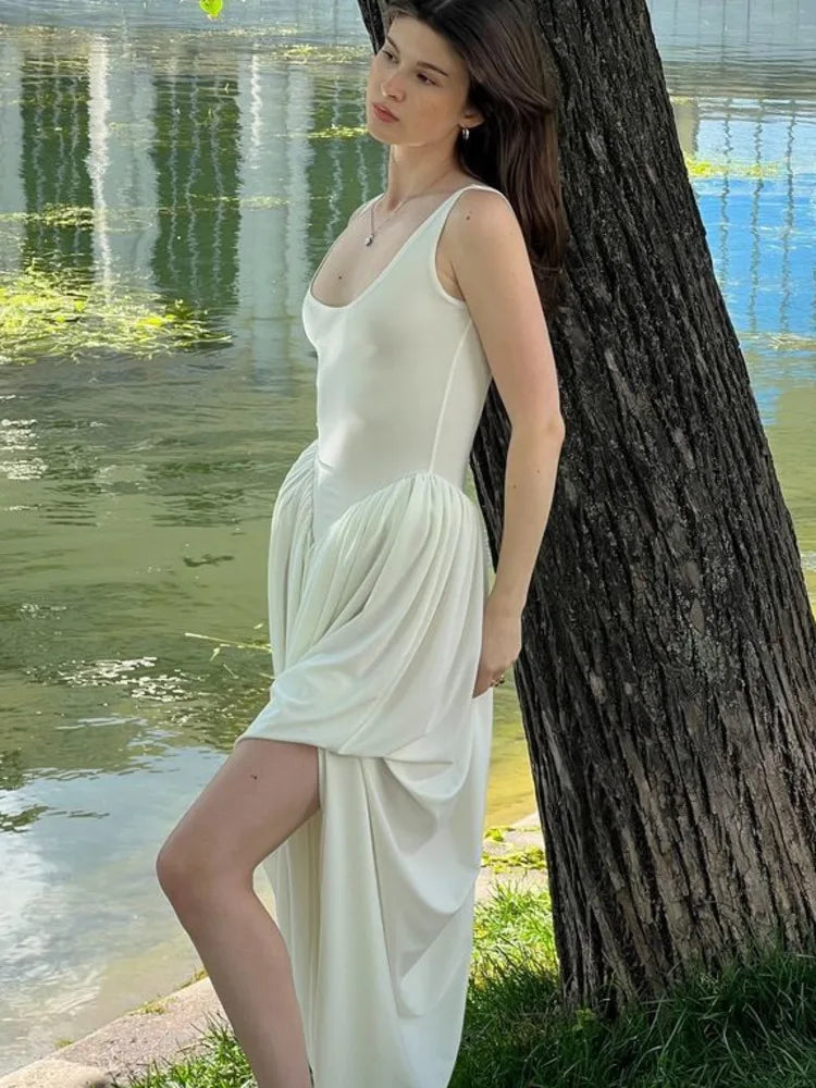 Elegant Sleeveless Elastic Bodycon Long Dress for Women - Fluffy Skirt with High Slit & Backless Design - Slim Fit Party, Evening, Vacation & Special Occasion Dresses - Perfect for Cocktail Parties, Date Nights & Beach Vacations