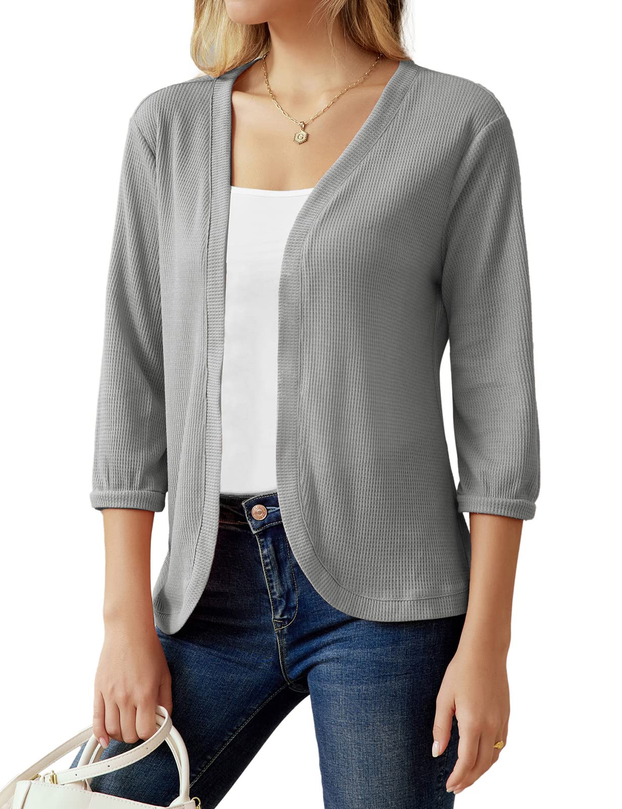 GRACE KARIN Women's 3/4 Sleeve Open Front Waffle Knit Cropped Cardigan Sweater - Lightweight Fall & Spring Layering Piece for Casual Outfits, Office Wear, and Coffee Dates