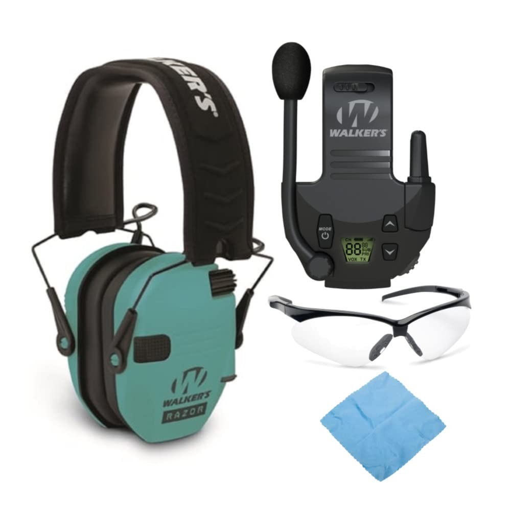Walker's Razor Slim Electronic Shooting Earmuffs - Noise Cancelling Hearing Protection with Walkie Talkie & Safety Glasses Bundle - Ideal for Hunting, Shooting Range & Outdoor Activities