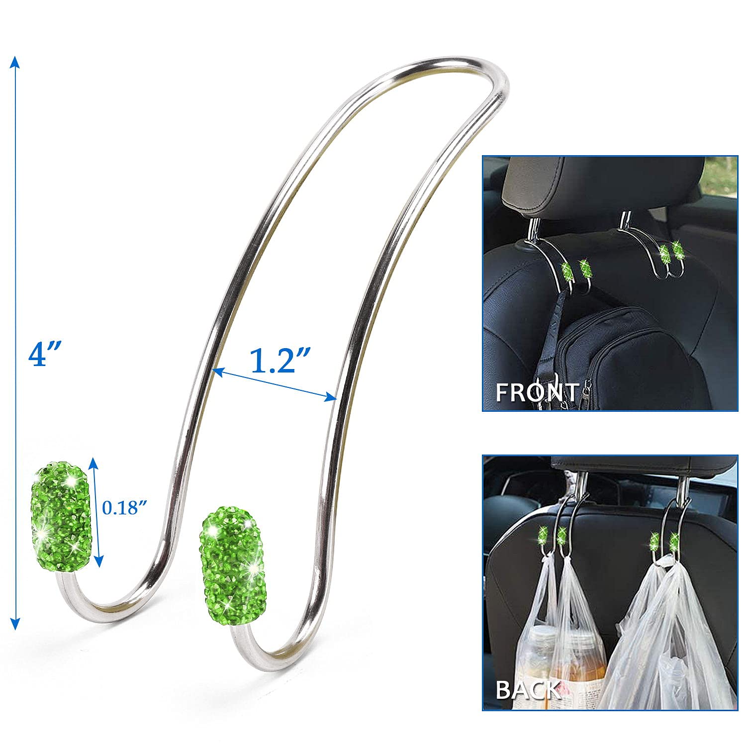 15-Piece Green Rhinestone Car Accessories Set for Women - Crystal Bling Decor, Headrest Rings, Charger, Hooks, Tire Caps & Coasters | Perfect for Car Interior Styling & Gift Giving