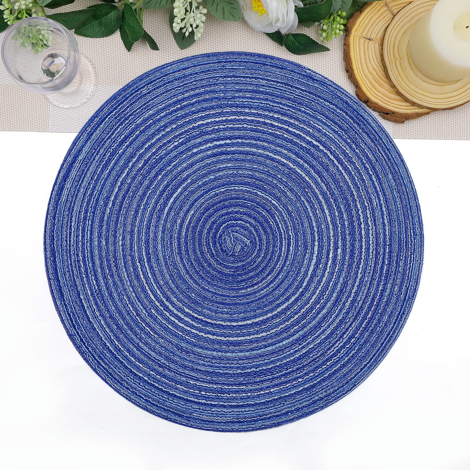 SHACOS 15 Inch Round Braided Placemats Set of 6 - Washable Cotton Table Mats for Kitchen, Dining, Home Decor - Perfect for Wedding, Party & Everyday Use (Blue & White)