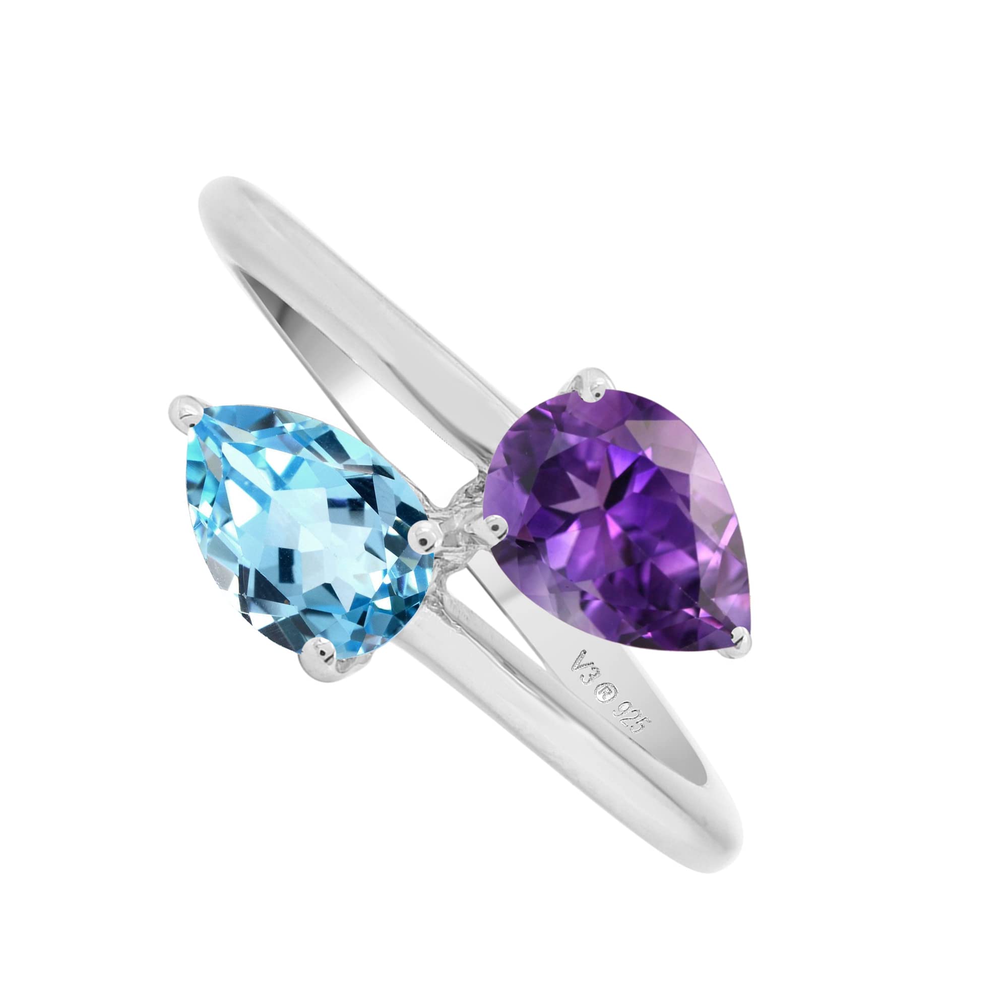 Natural Amethyst & Sky Blue Topaz Sterling Silver Bypass Ring for Women - Elegant Jewelry Gift for Birthday, Anniversary & Special Occasions